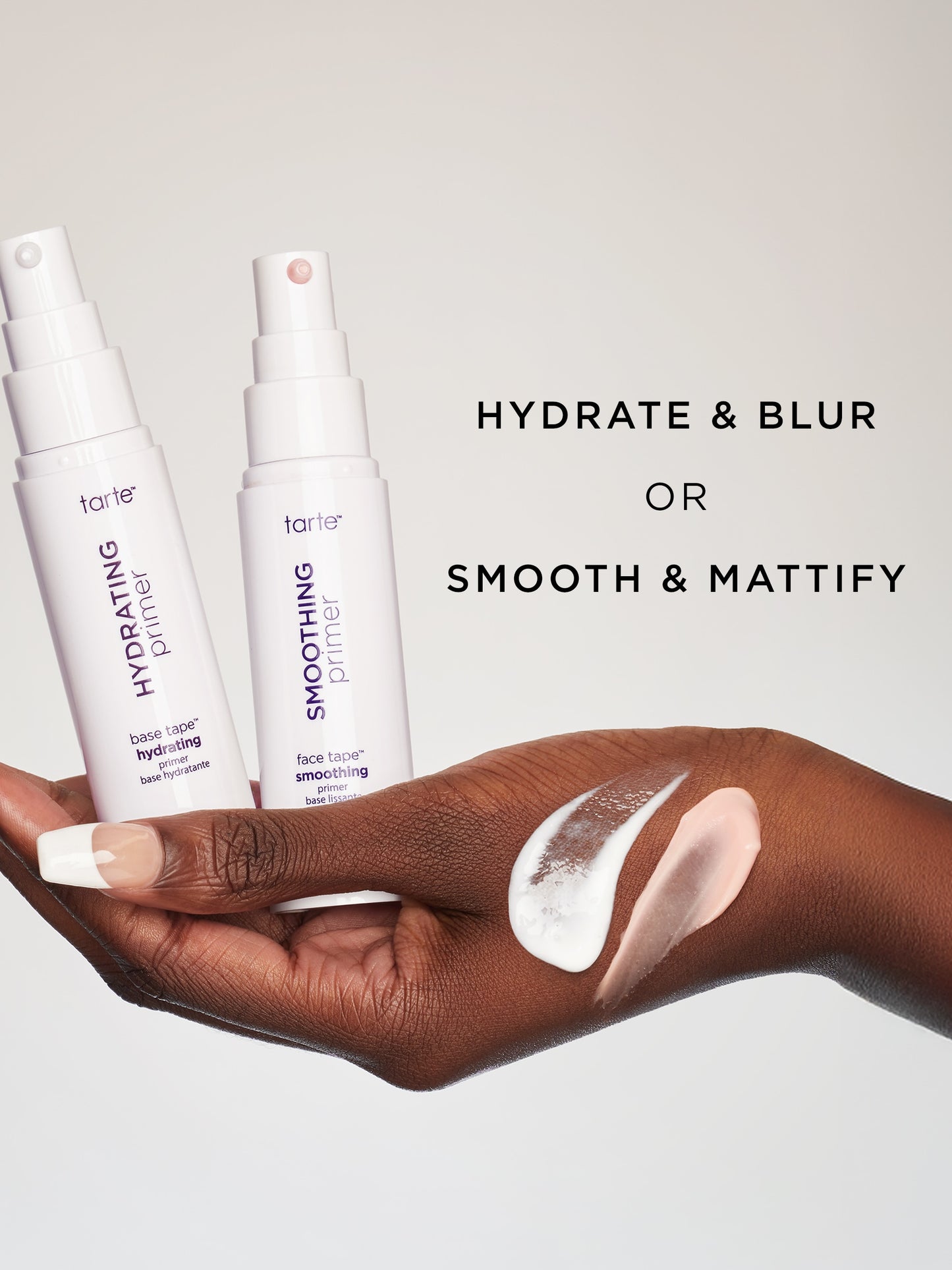 Two skincare products with a hand holding a sample, labeled 'Hydrate & Blur' and 'Smooth & Mattify'.