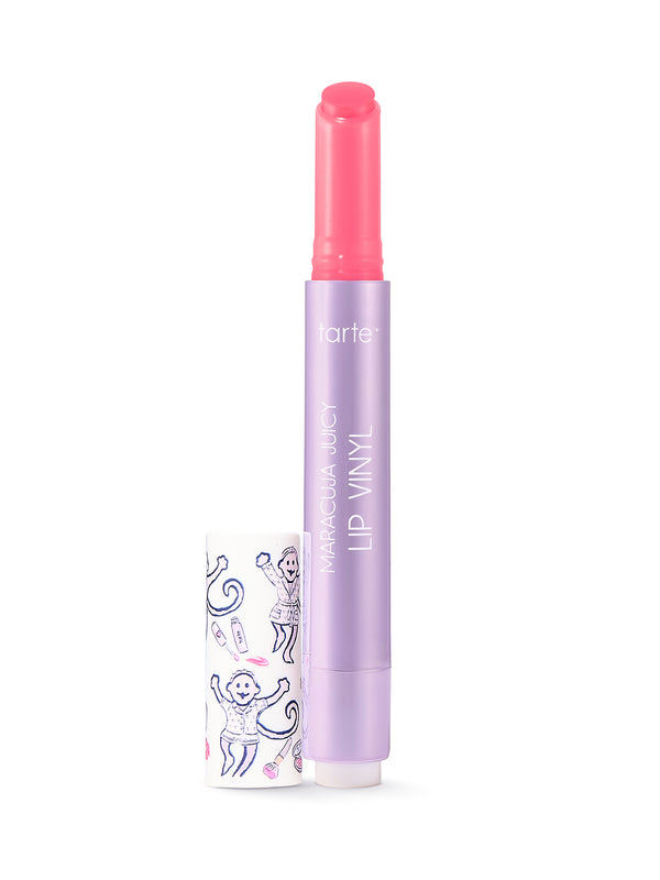Tarte maracuja juicy Lip Viny in shade sheer petal with limited edition tarte cosmetics x roller rabbit collaboration cap