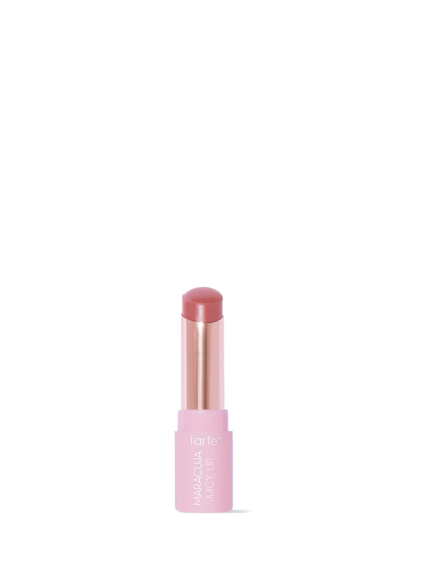 Pink lipstick with a rose gold cap on a white background