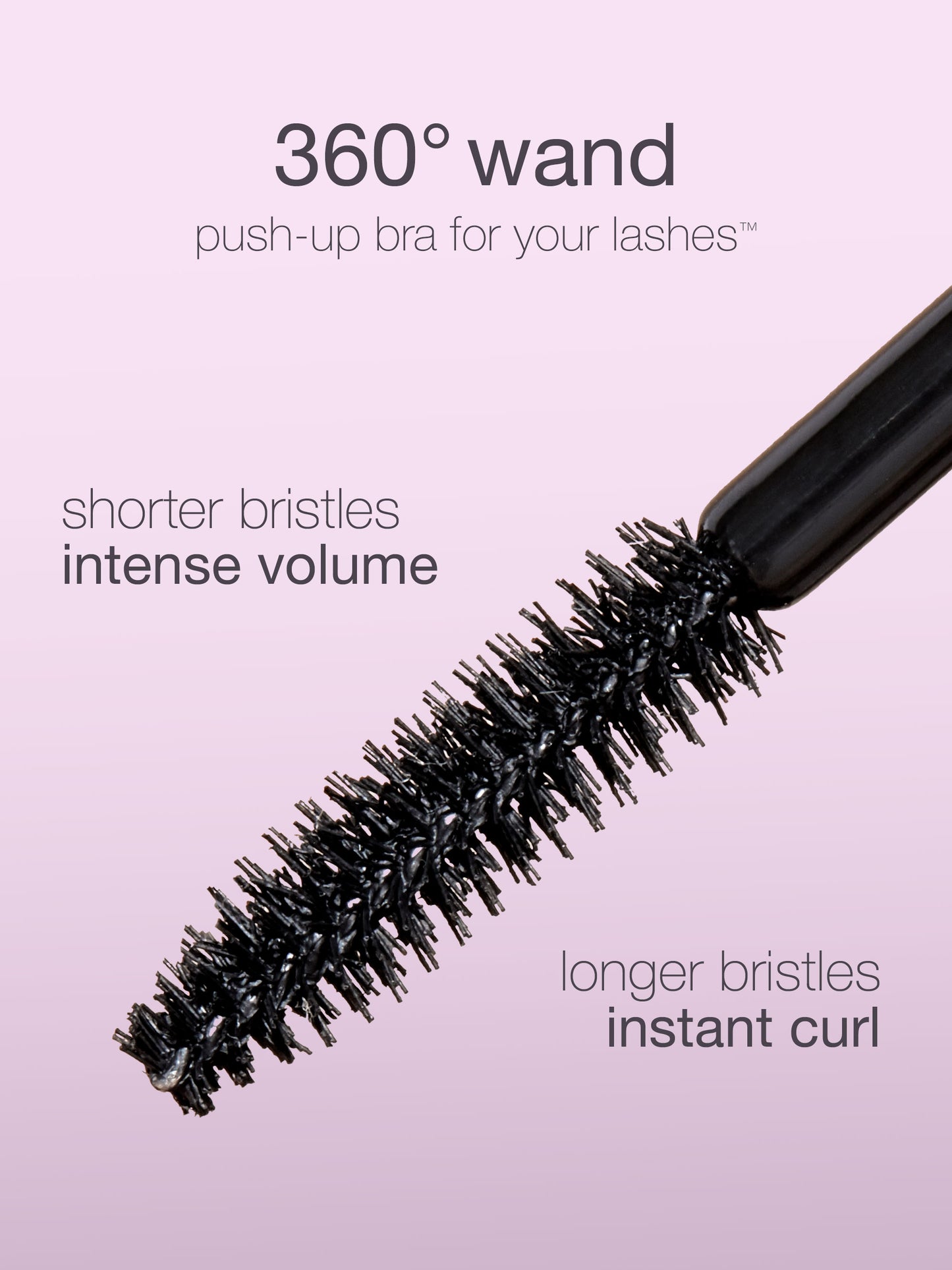 Mascara wand with text describing its features on a light purple background