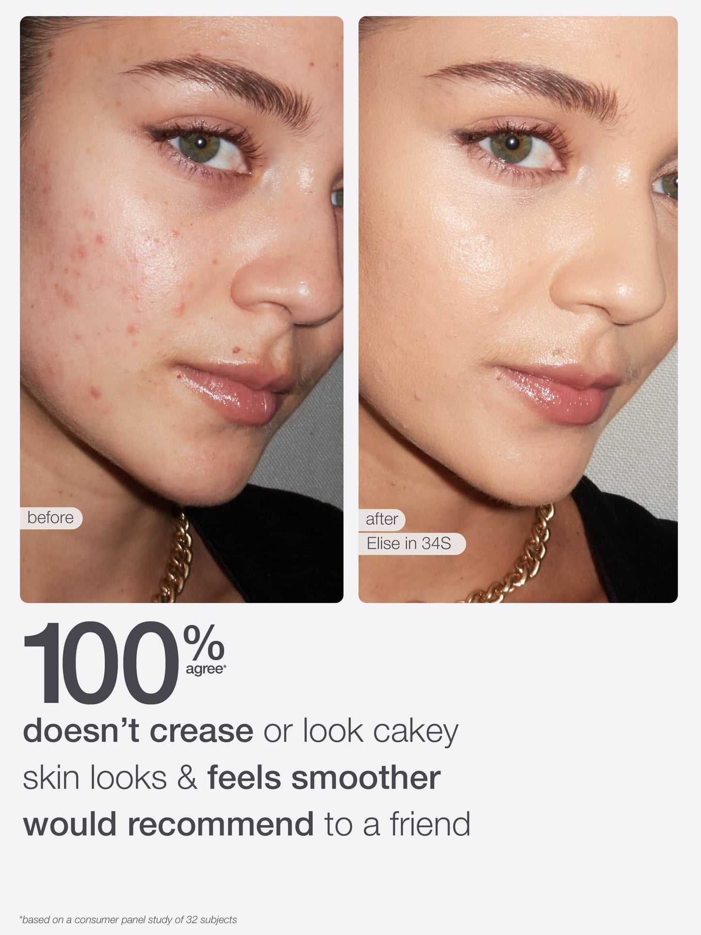 Before and after comparison of a woman's face showing smooth skin using tarte shape tape concealer