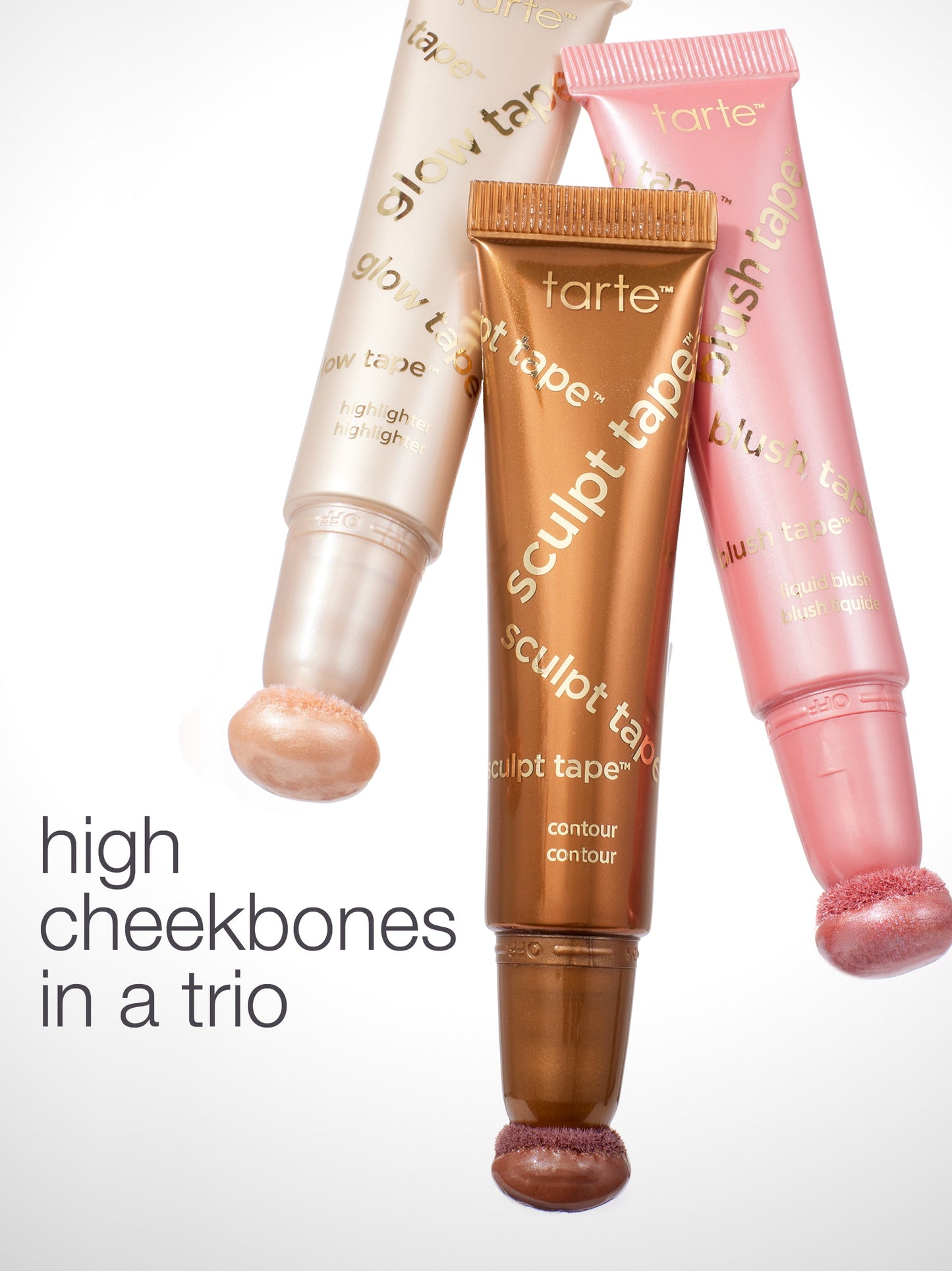 Three 'tarte' cosmetic products on a white background with text 'high cheekbones in a trio'.