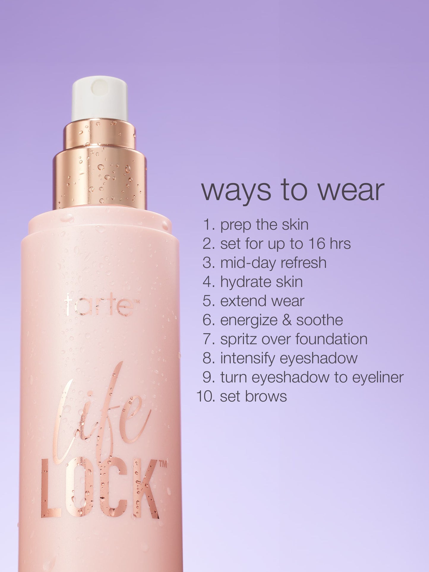 Tarte Luck makeup product with usage instructions on a purple background