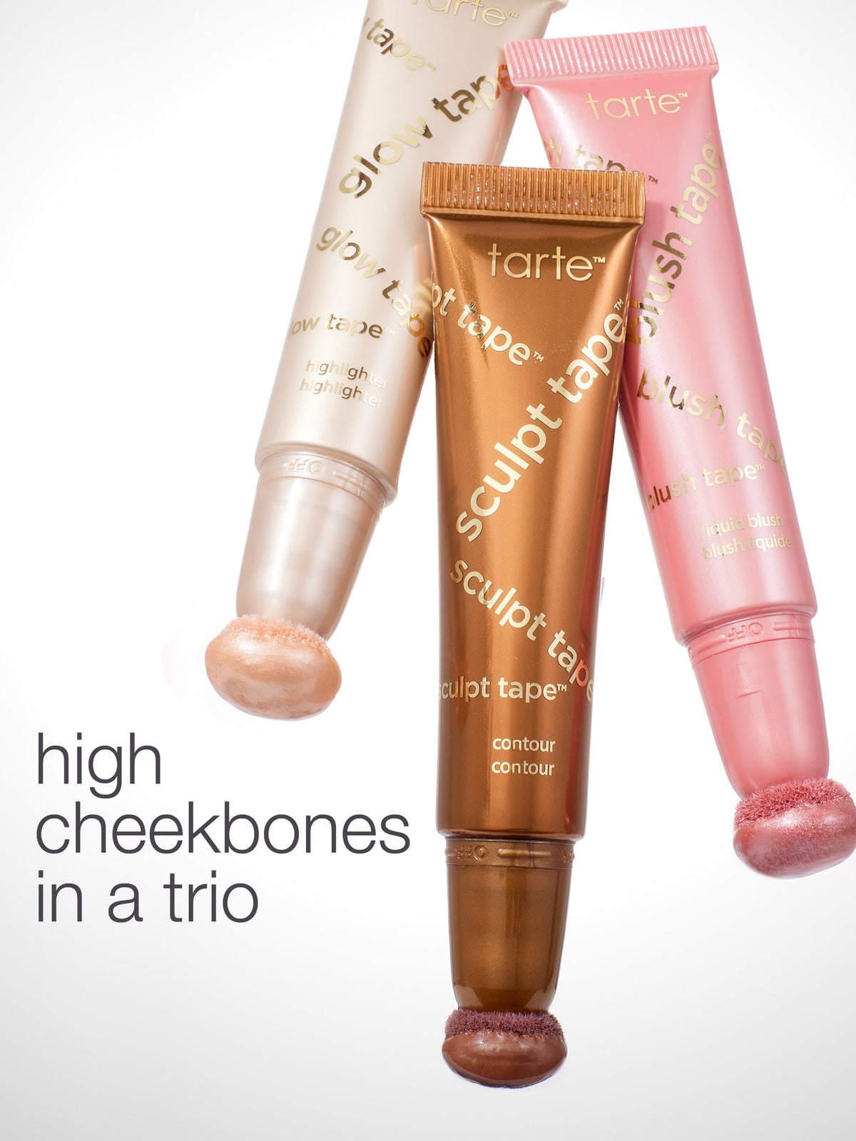 Three 'tarte' cosmetic products on a white background with text 'high cheekbones in a trio'.