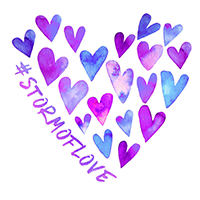 Heart-shaped arrangement of watercolor hearts in shades of purple and blue; text STORMOFLOVE written diagonally across in purple.