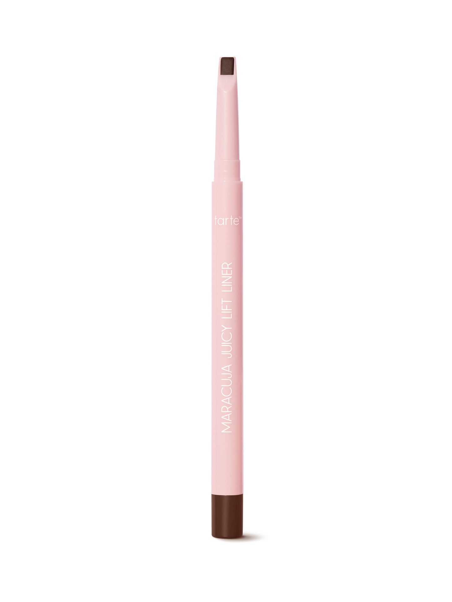 Pink makeup pencil with brown tip on a white background