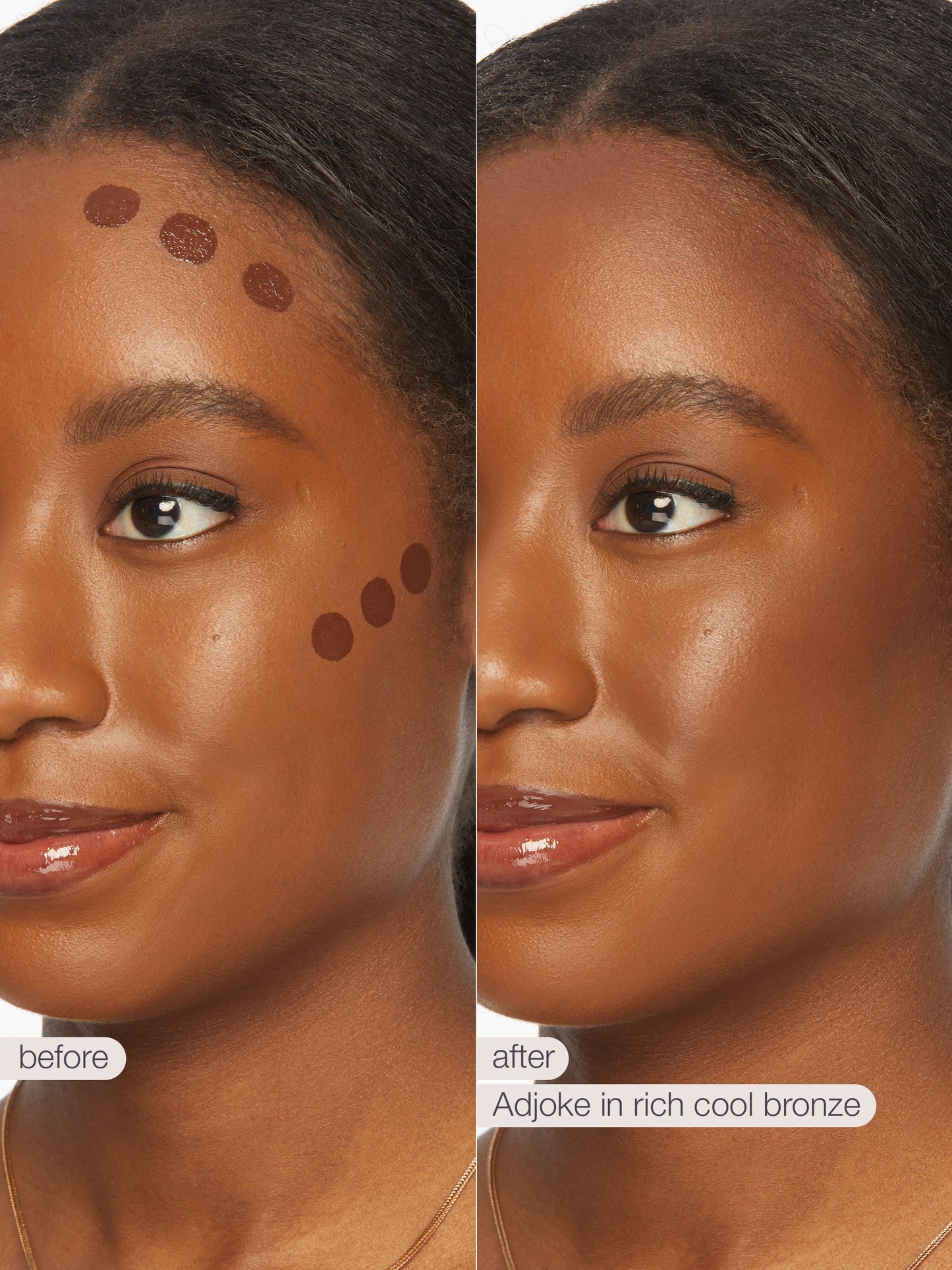 Before and after comparison of a woman's face with makeup application on her cheeks.