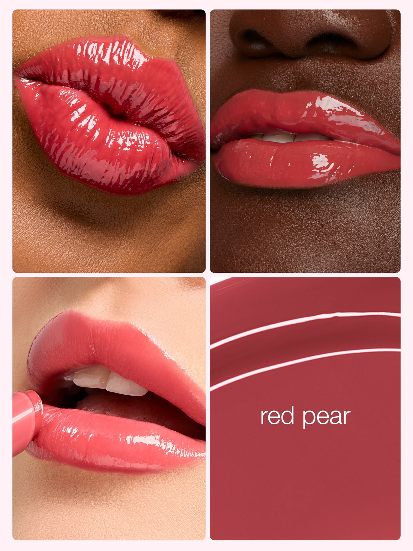 Collage of red lipsticks on different skin tones with 'red pear' color swatch.