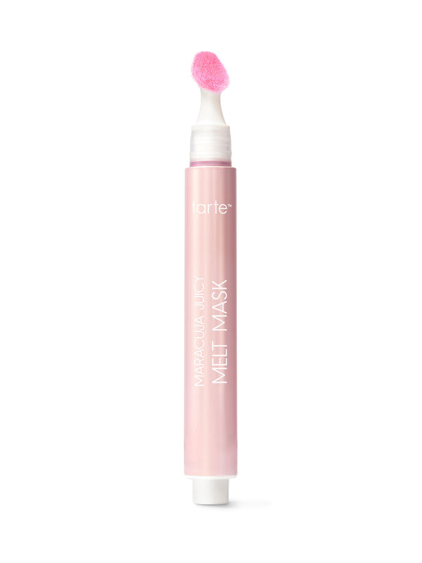 Pink tarte Maracuja Juicy Melt Mask tube standing upright with a bright pink sponge applicator exposed, centered on a plain white background. Text: tarte™; MARACUJA JUICY MELT MASK.