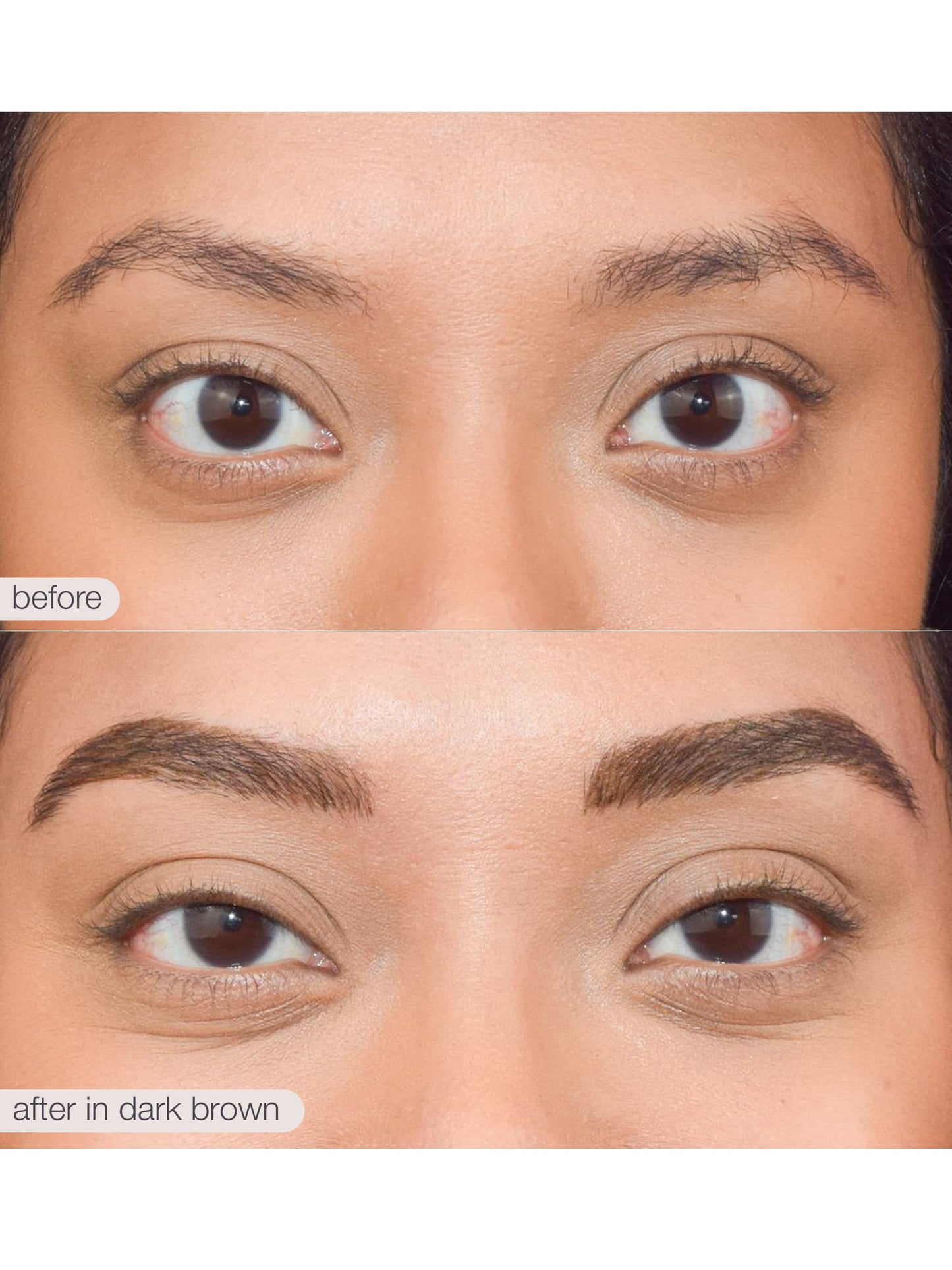 Before and after comparison of eyebrow treatment with dark brown color.