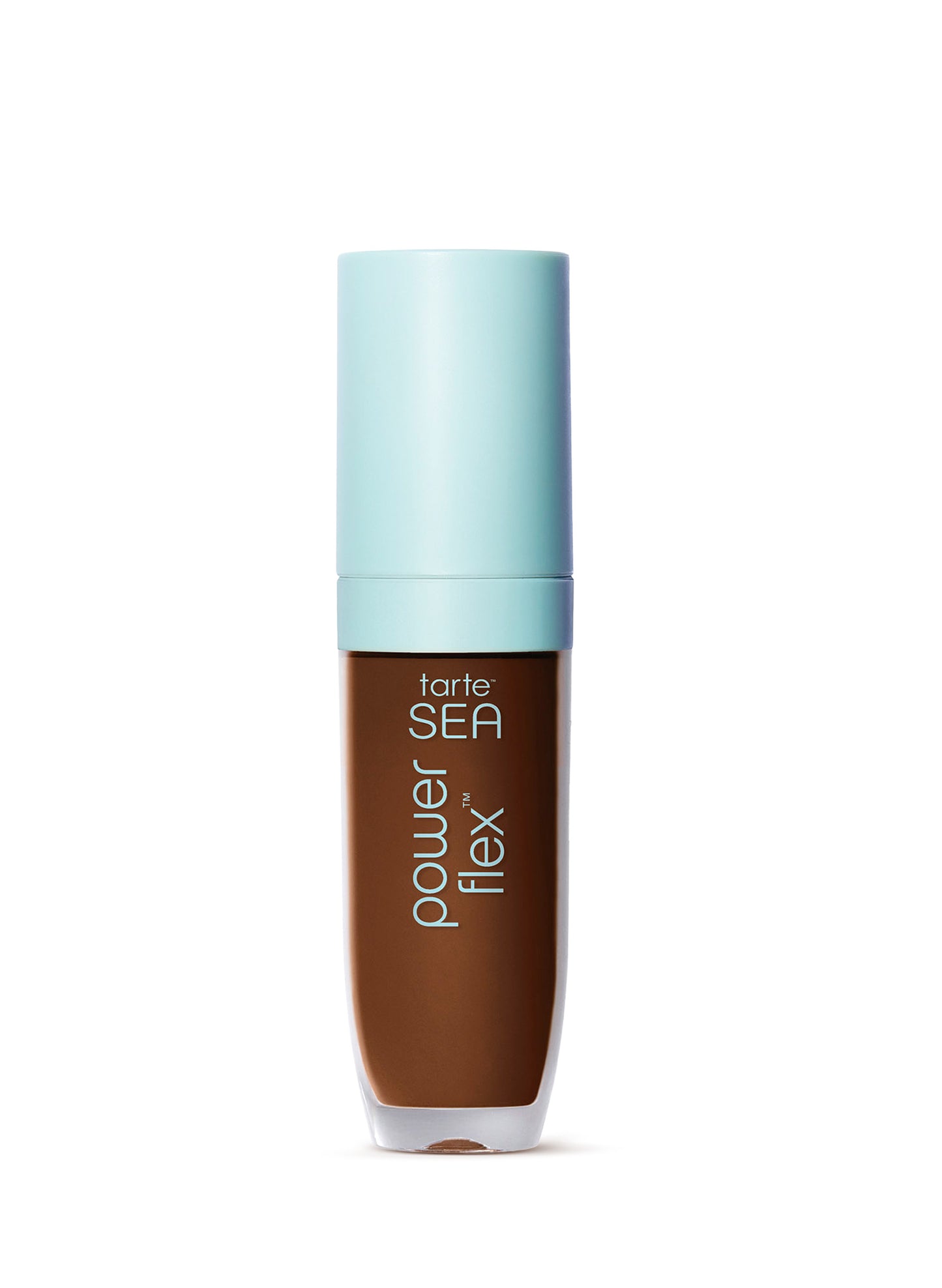 Small glass Tarte serum bottle containing brown liquid, standing upright with a pale turquoise cap on a plain white background. Text on bottle: tarte.