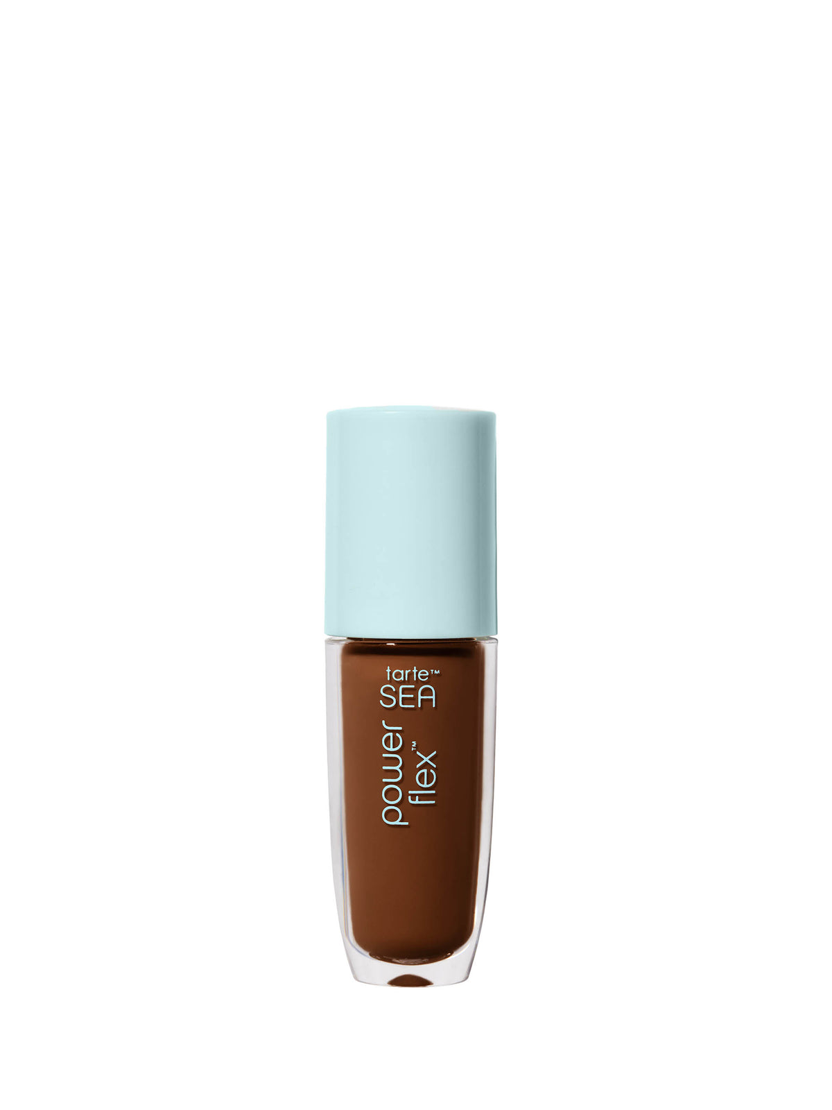 Flacon de correcteur Tarte format voyage avec un bouchon bleu et un liquide brun visible à travers la partie transparente du flacon.