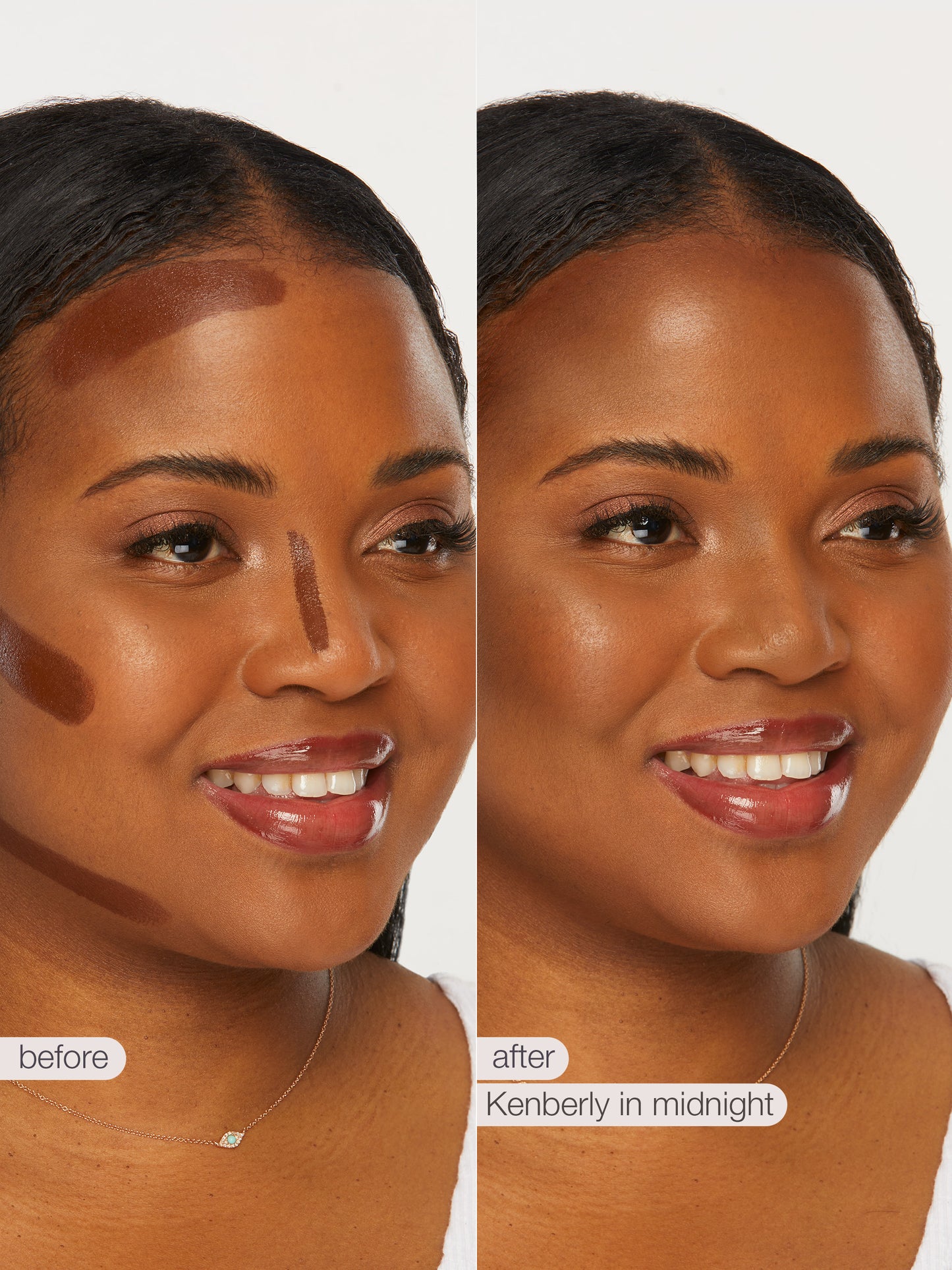 Before and after comparison of a woman's face with makeup application labeled 'before' and 'after' on a neutral background.