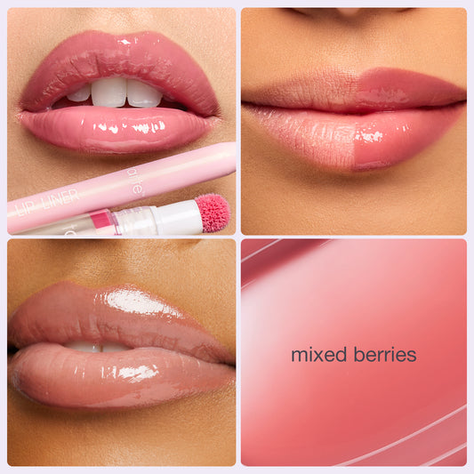 Lips display glossy, pink lip product application. A lip liner is used to define the shape. Adjacent, a close-up shows color details labeled mixed berries.