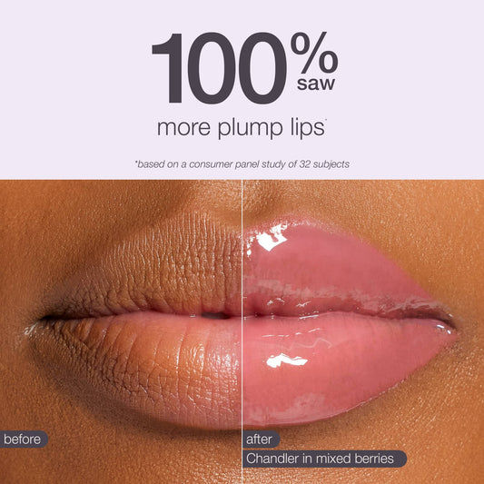 Lips shown before and after applying lip gloss, visibly plumper and glossier in the after image. Text: 100% saw more plump lips, *based on a consumer panel study of 32 subjects, before, after Chandler in mixed berries.