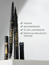 Black eyeliner pencil with branding on a gray background, featuring text about product features.