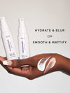 Two skincare products with a hand holding a sample, labeled 'Hydrate & Blur' and 'Smooth & Mattify'.