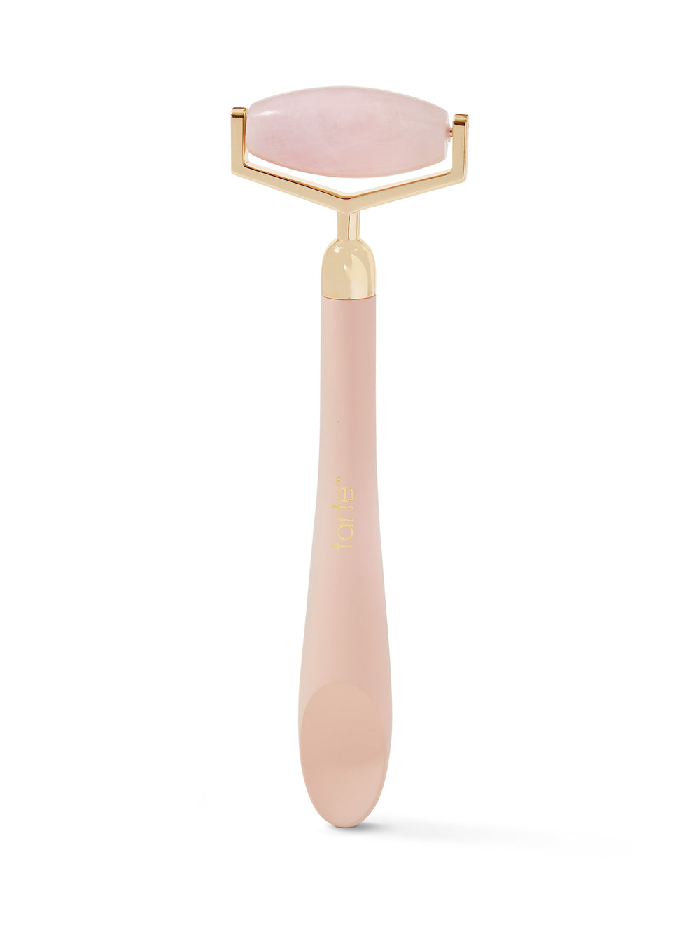 Pink facial roller with gold accents on a white background