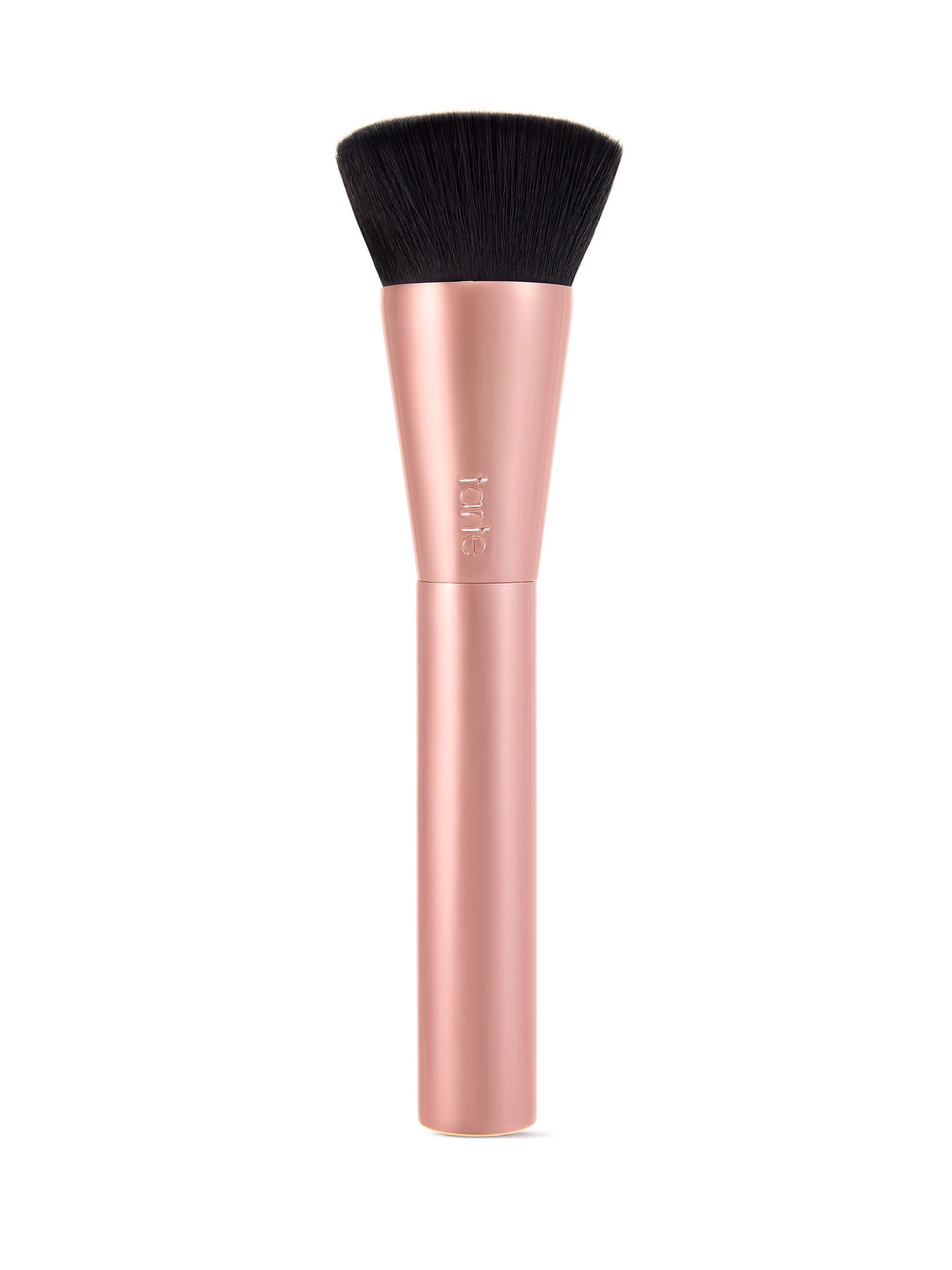 A makeup brush from Tarte Cosmetics features a rose gold handle and densely packed, dark bristles. The brush stands upright against a plain white background.