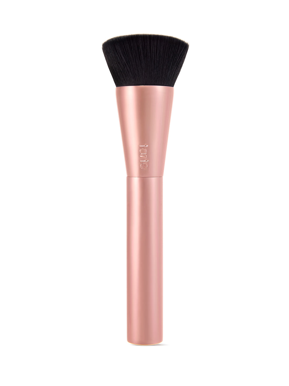 A makeup brush from Tarte Cosmetics features a rose gold handle and densely packed, dark bristles. The brush stands upright against a plain white background.
