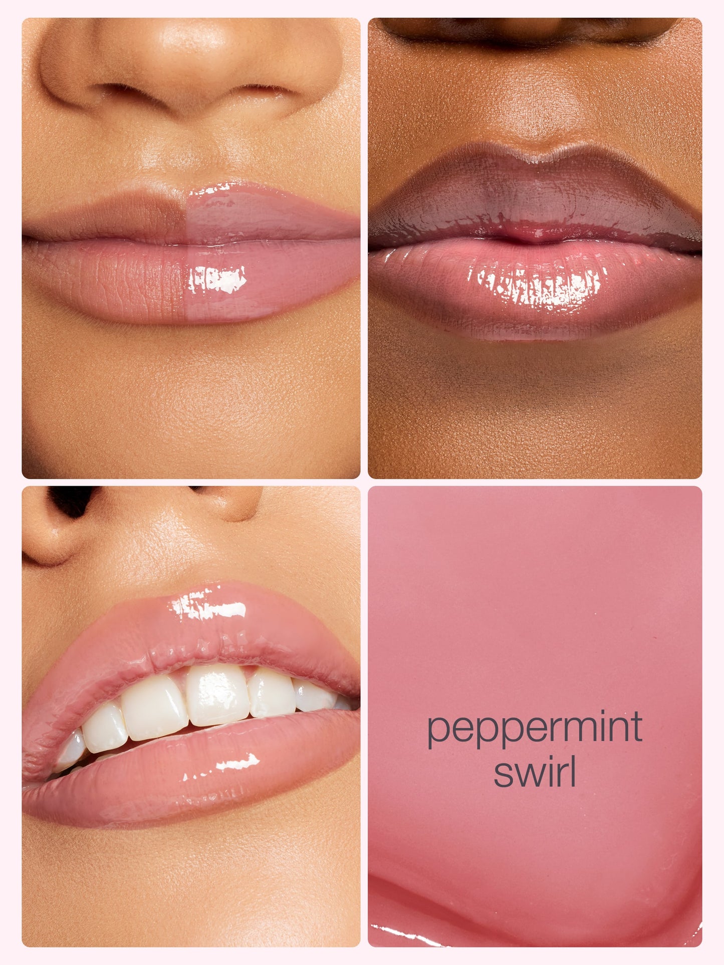 Glossy lips showcase Tarte Cosmetics' peppermint swirl shade. Three images display different lips wearing the gloss, highlighting its shiny, pink finish against varied skin tones.