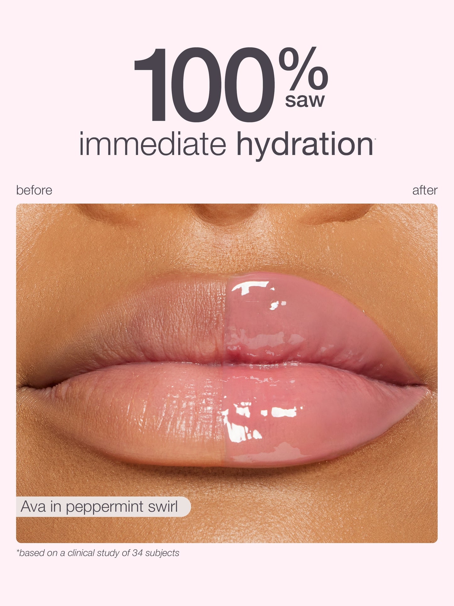 Lips, glossy and hydrated, appear in a before-and-after comparison, highlighting a noticeable shine. Text reads: 100% saw immediate hydration and Ava in peppermint swirl.*based on a clinical study of 34 subjects.
