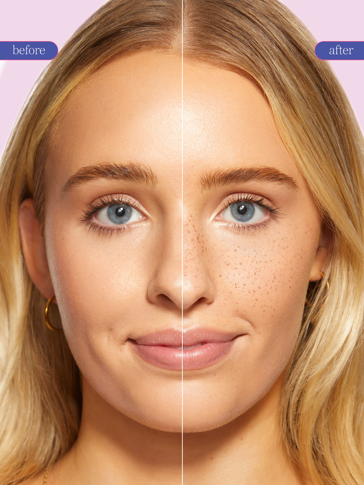 Close-up before-and-after split-screen comparison of a woman's face, showing makeup application of tarte cosmetics x roller rabbit collaboration tarte go with the faux freckle stamp with limited edition cap