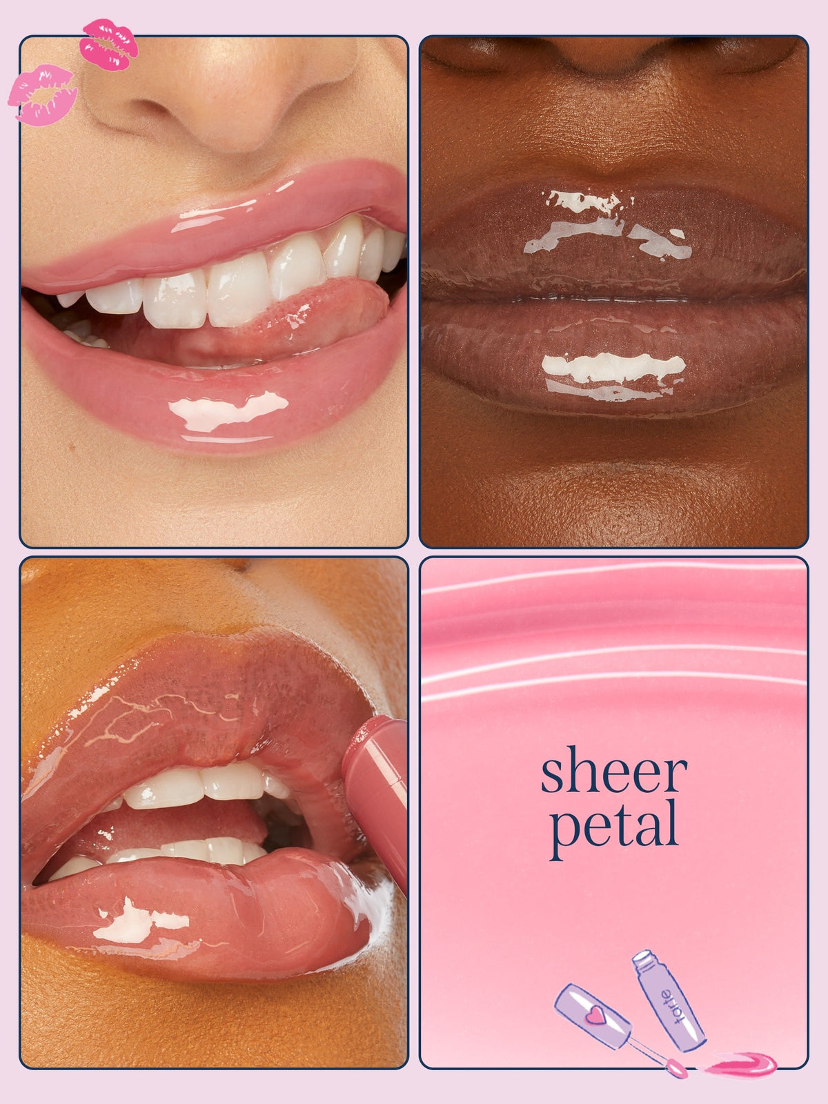 A four-panel collage showcasing a lip product labeled 'sheer petal'.  using tarte cosmetics x roller rabbit collaboration lip vinyl in shade sheer petal