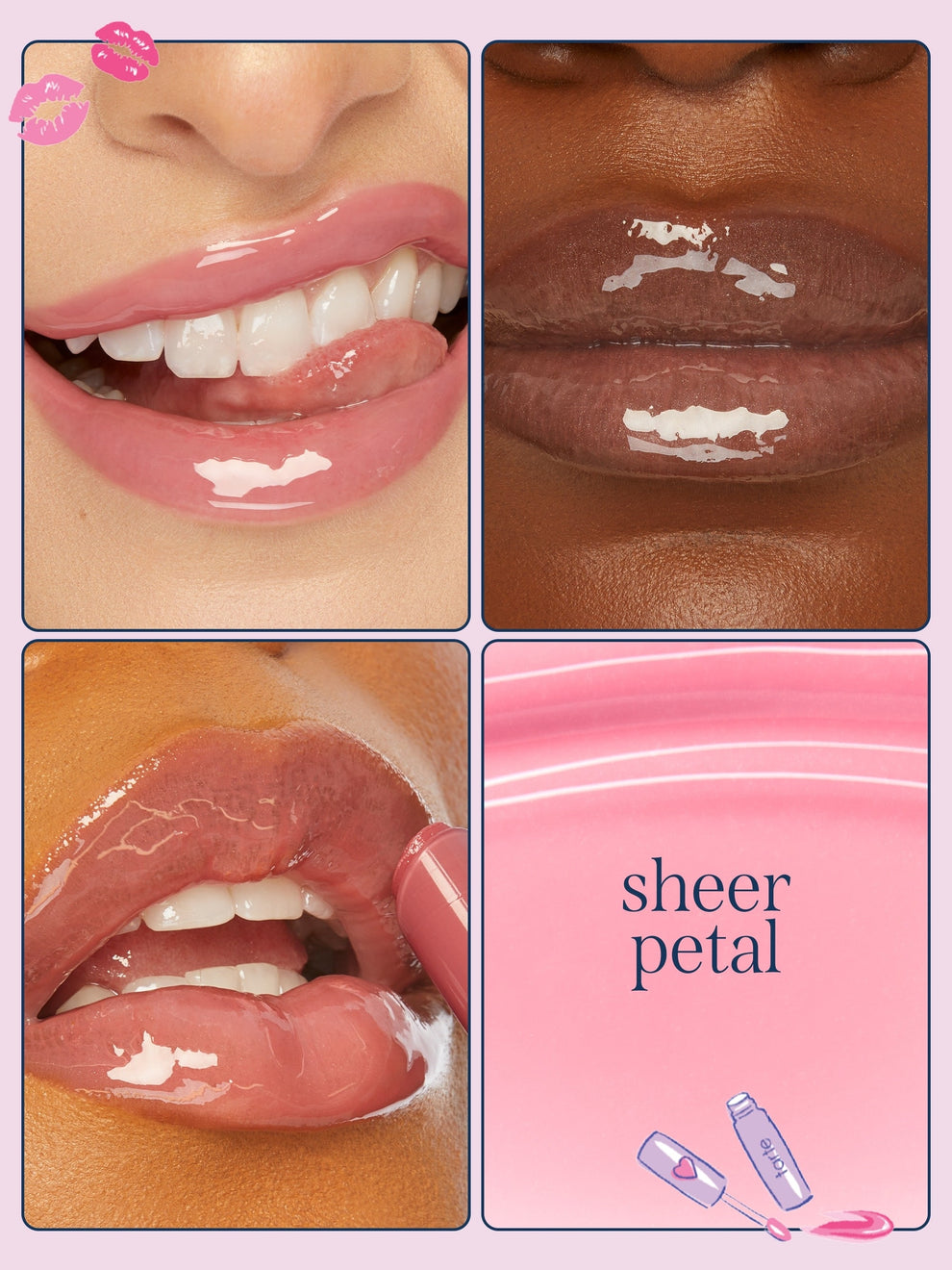 A four-panel collage showcasing a lip product labeled 'sheer petal'.  using tarte cosmetics x roller rabbit collaboration lip vinyl in shade sheer petal