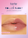 Tarte x Roller Rabbit before and after lip gloss comparison on a pink gradient background. The 'before' side shows matte lips, and the 'after' side shows glossy, shiny lips.