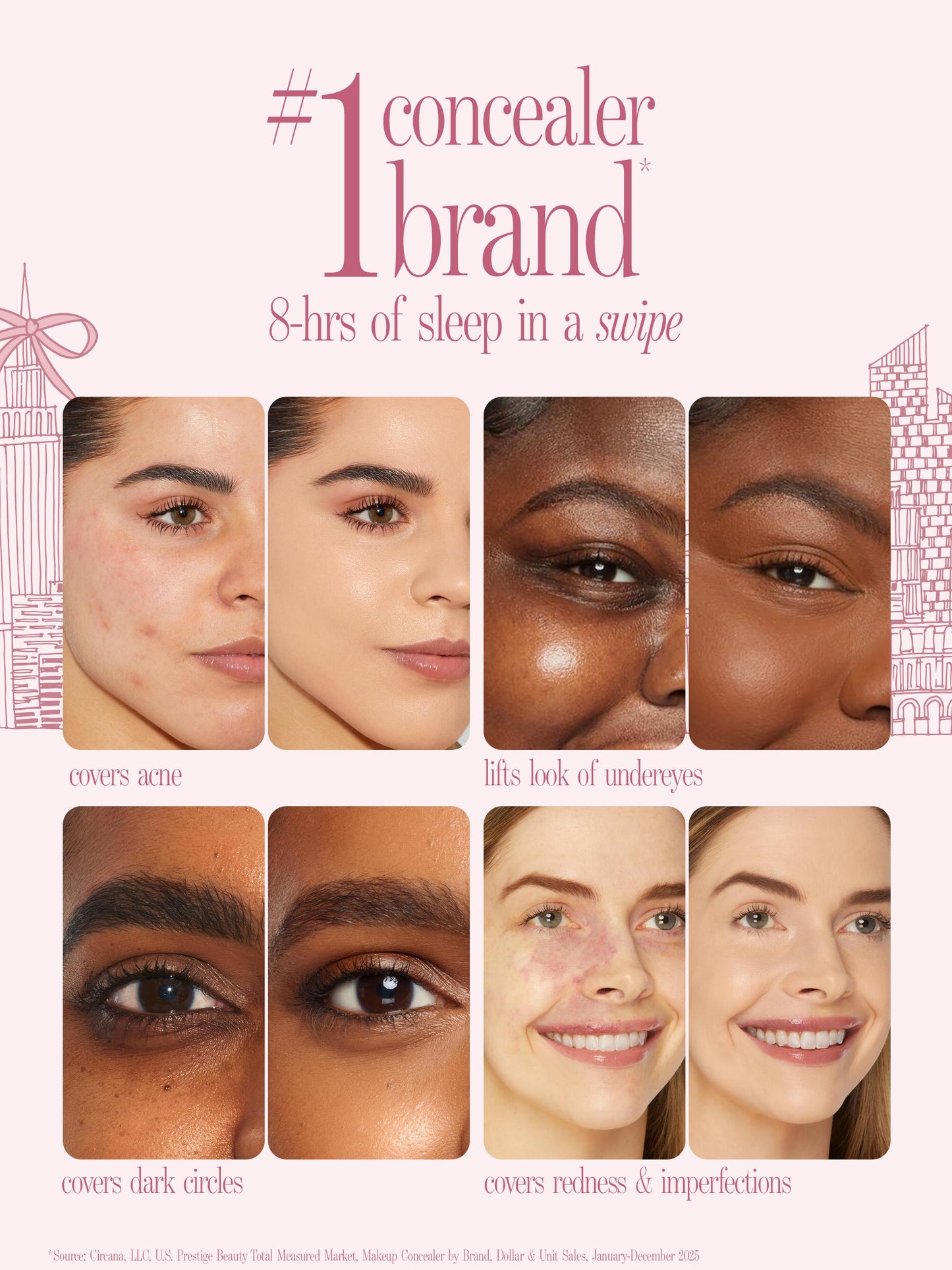 tarte cosmetics SPOTTED the icons best sellers set before and after on various women and skintones. '8-hrs of sleep in a swipe'