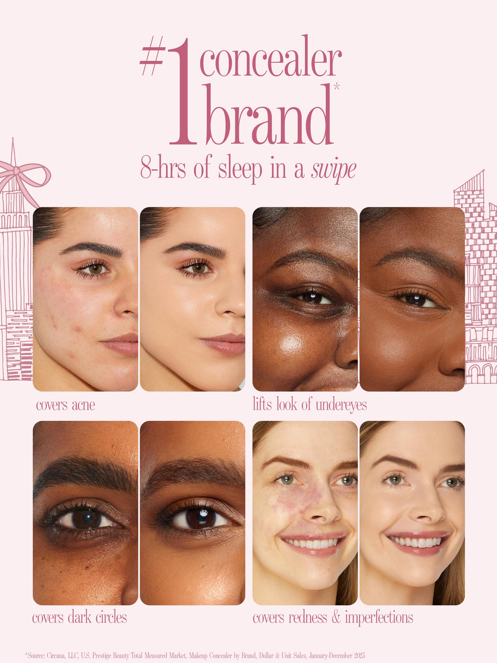 tarte cosmetics SPOTTED the icons best sellers set before and after on various women and skintones. '8-hrs of sleep in a swipe'