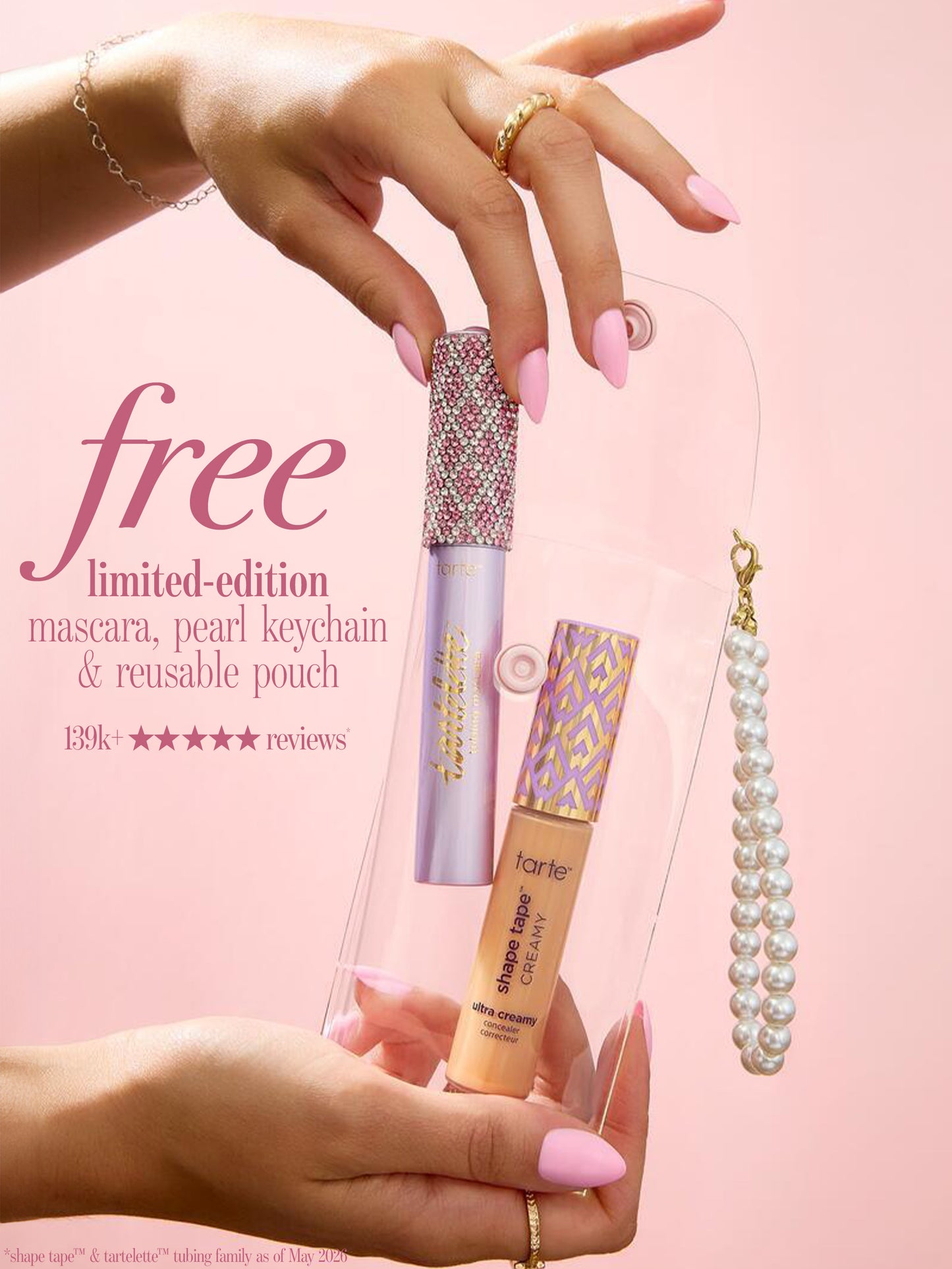 woman holding tarte cosmetics spotted the icons creamy best sellers with free limited edition pearl keychain and reusable pouch