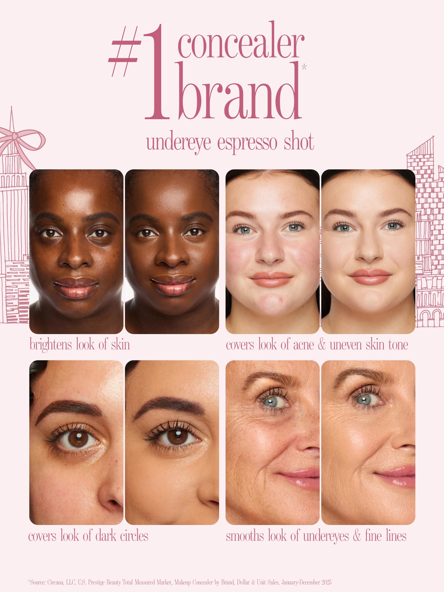 before and afters of women using tarte cosmetics spotted the icons creamy best sellers, #1 concealer brand, 'undereye espresso shot'