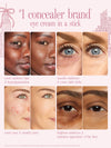 A graphic for shape tape stick with before and after photos of different skin tones and conditions such as dark circles, hyperpigmentation, acne, and fine lines. The text reads '#1 concealer brand eye cream in a stick' 