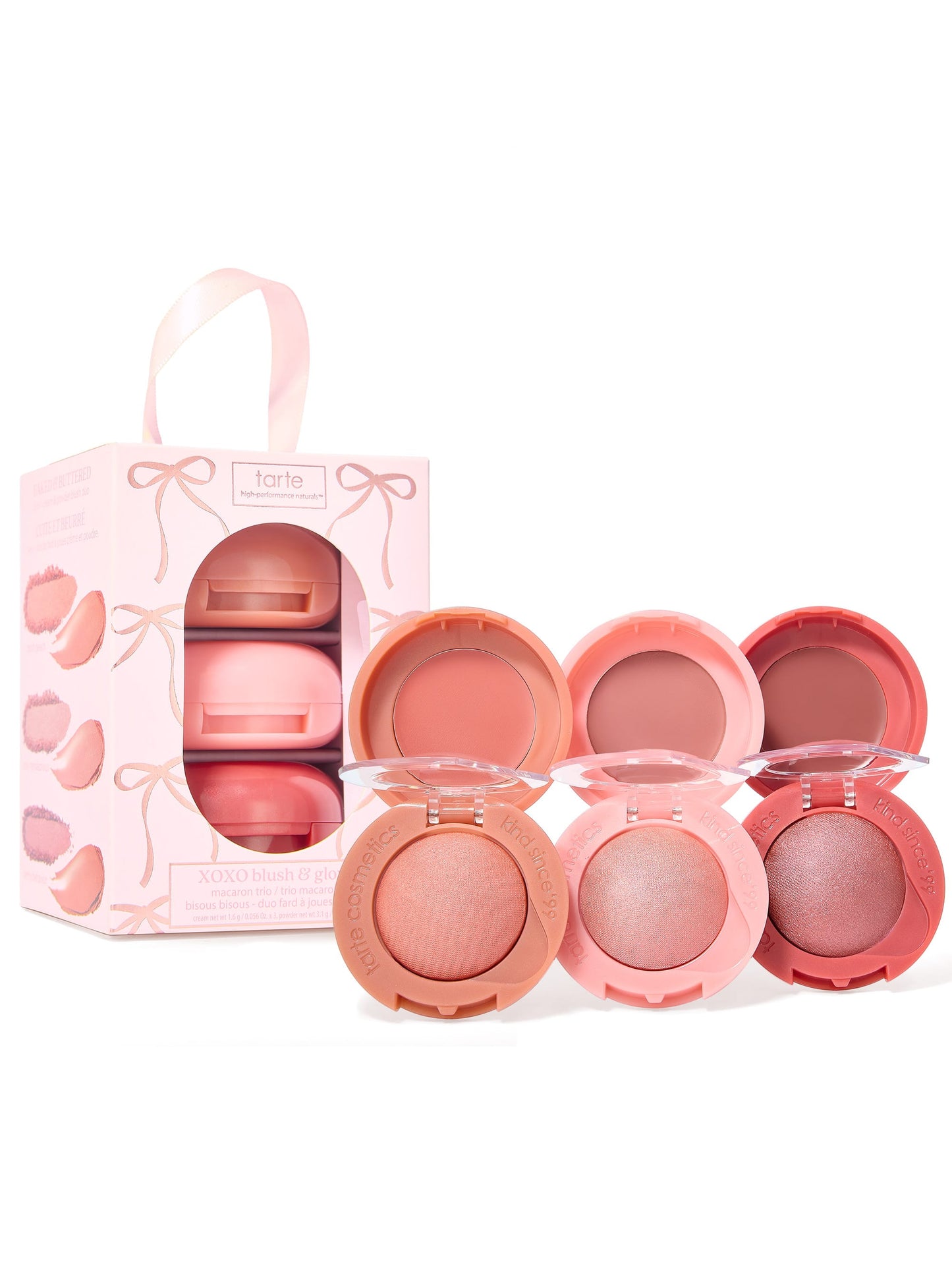 tarte cosmetics XOXO blush and go macaron trio blush with all 3 shades on a white background