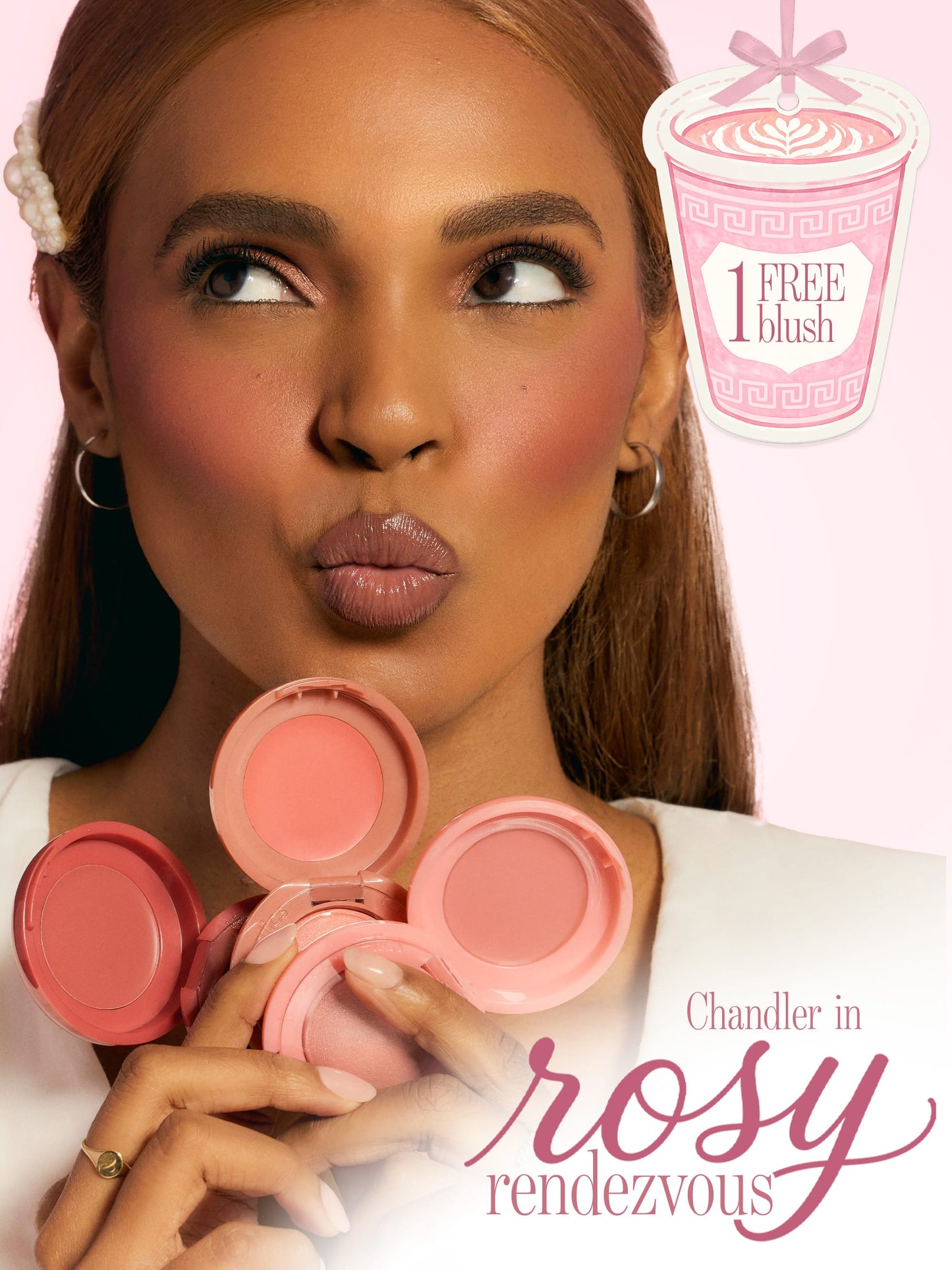 woman holding tarte cosmetics XOXO blush and go macaron trio blush, wearing shade rosy rendezvous