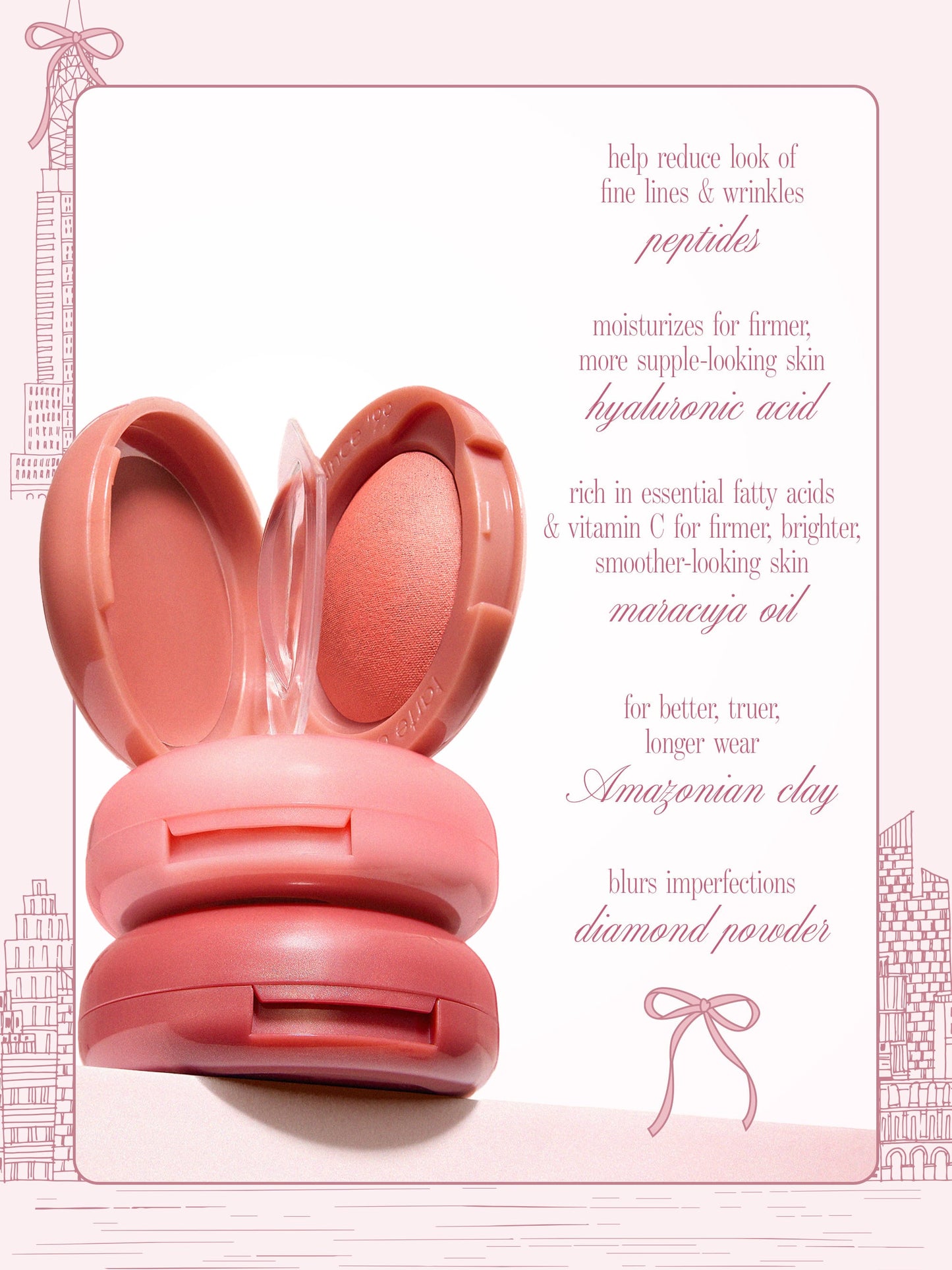 tarte cosmetics XOXO blush and go macaron trio blush with text about it's benefits. includes peptides, hyalaronic acid, maracuja oil, amazonian clay
