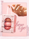woman holding tarte cosmetics XOXO blush and go macaron trio blush with text 'bow and go'