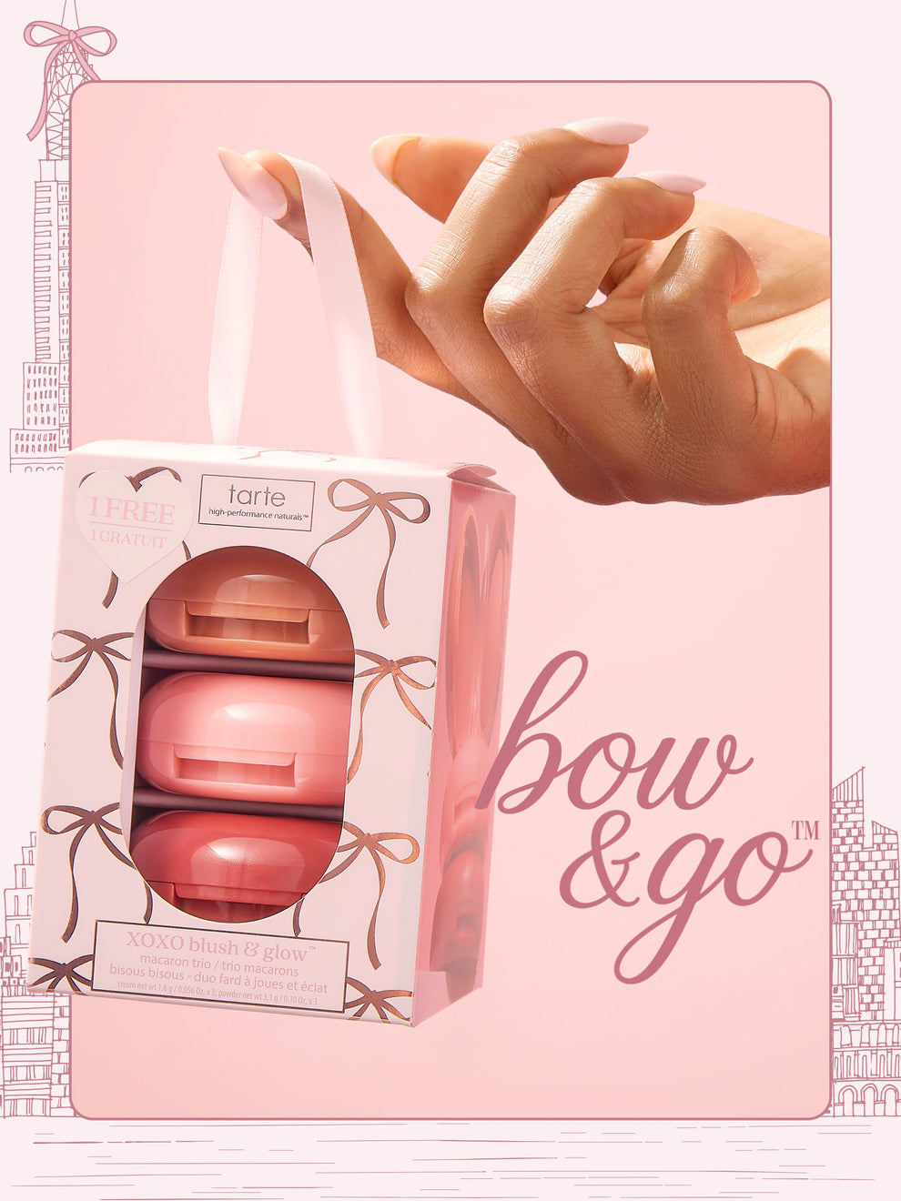 woman holding tarte cosmetics XOXO blush and go macaron trio blush with text 'bow and go'