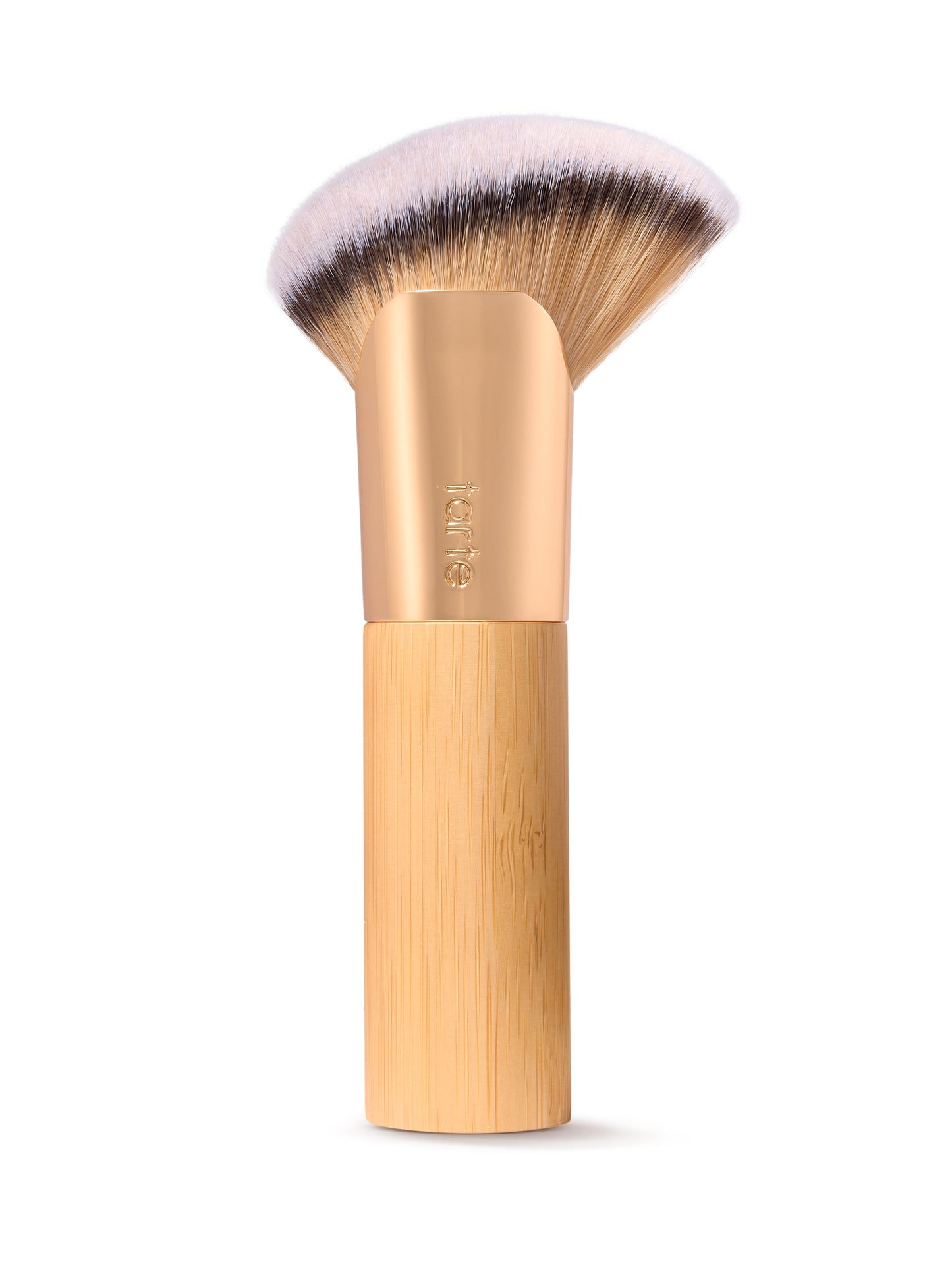 Makeup brush with wooden handle and pink bristle head on a white background