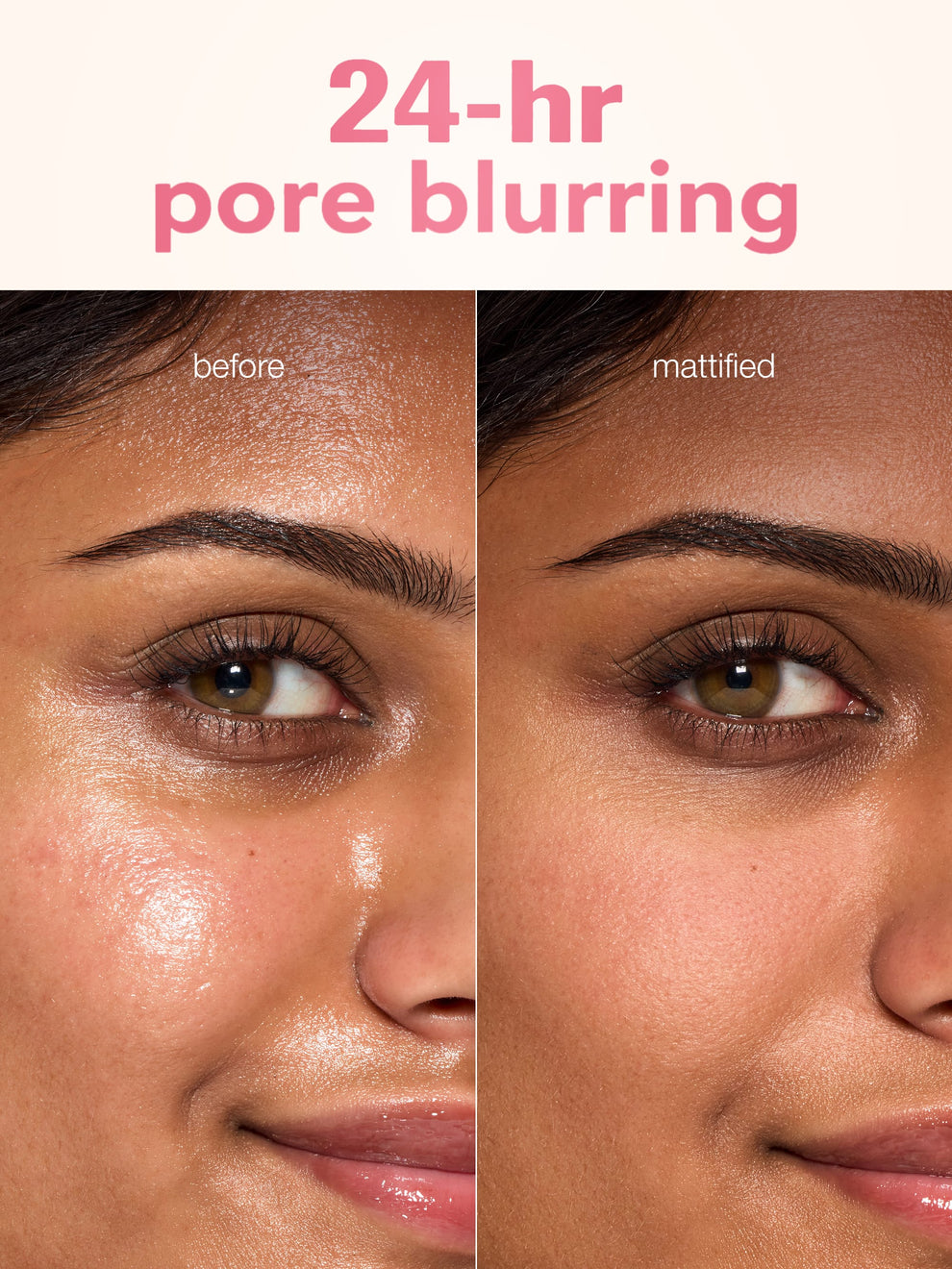 Before and after comparison of tarte ballin base matte poreless primer 24-hour pore blurring on a woman's face.