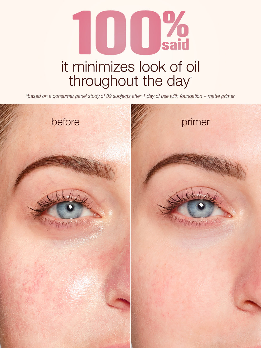 Before and after comparison tarte ballin base matte poreless primer showing reduced oiliness.