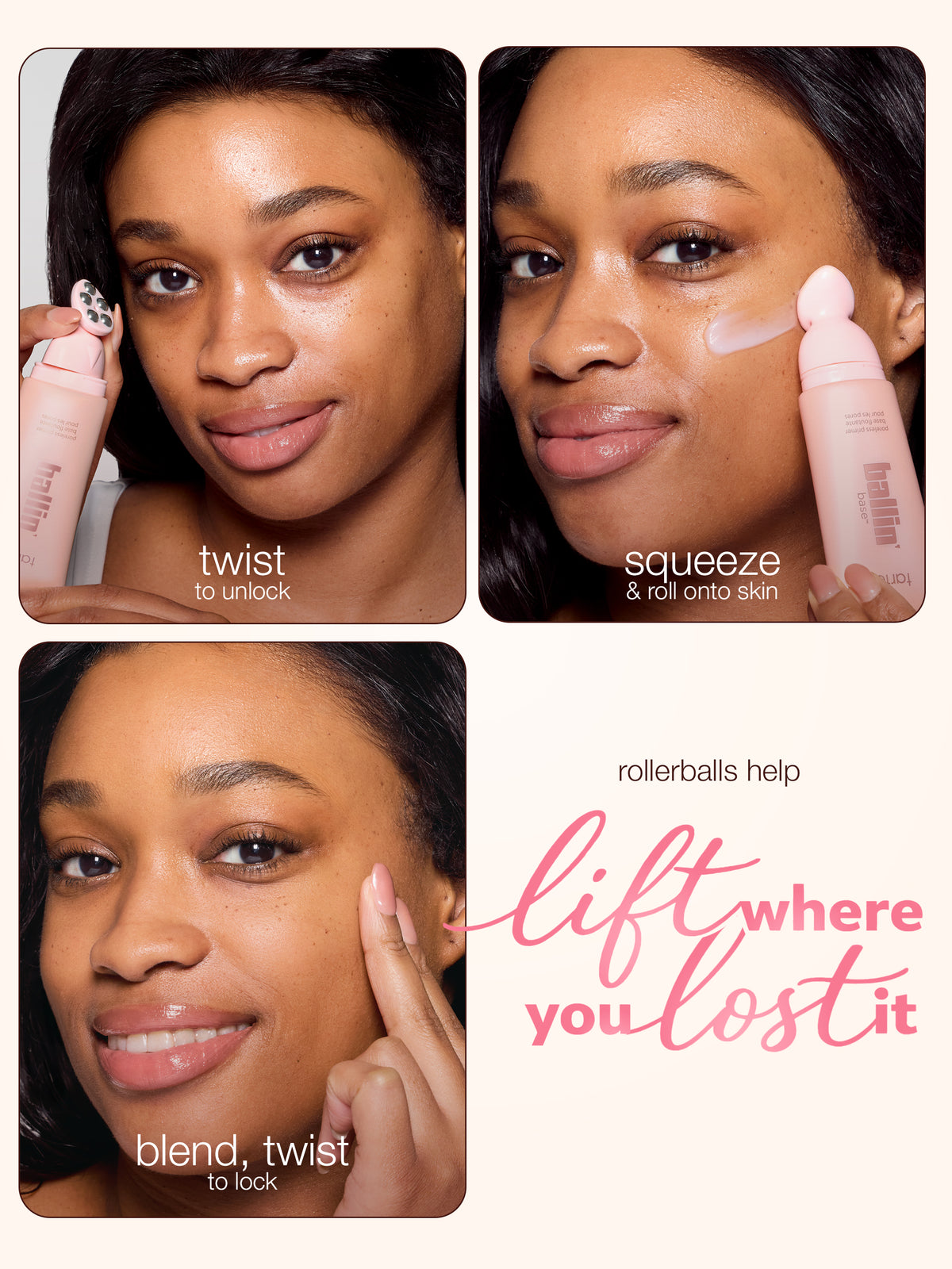 Three stages of applying tarte ballin base matte poreless primer  with text instructions on a white background.