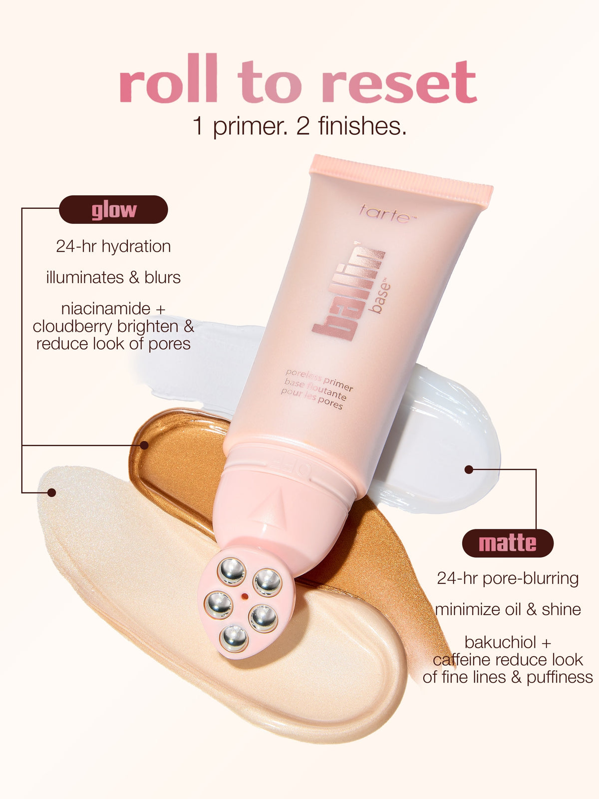 tarte ballin base matte poreless primer comparing the 2 formulas, glow and matte.