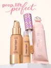 Three Tarte makeup products arranged on a light beige background with text 'prep. lift, perfect'