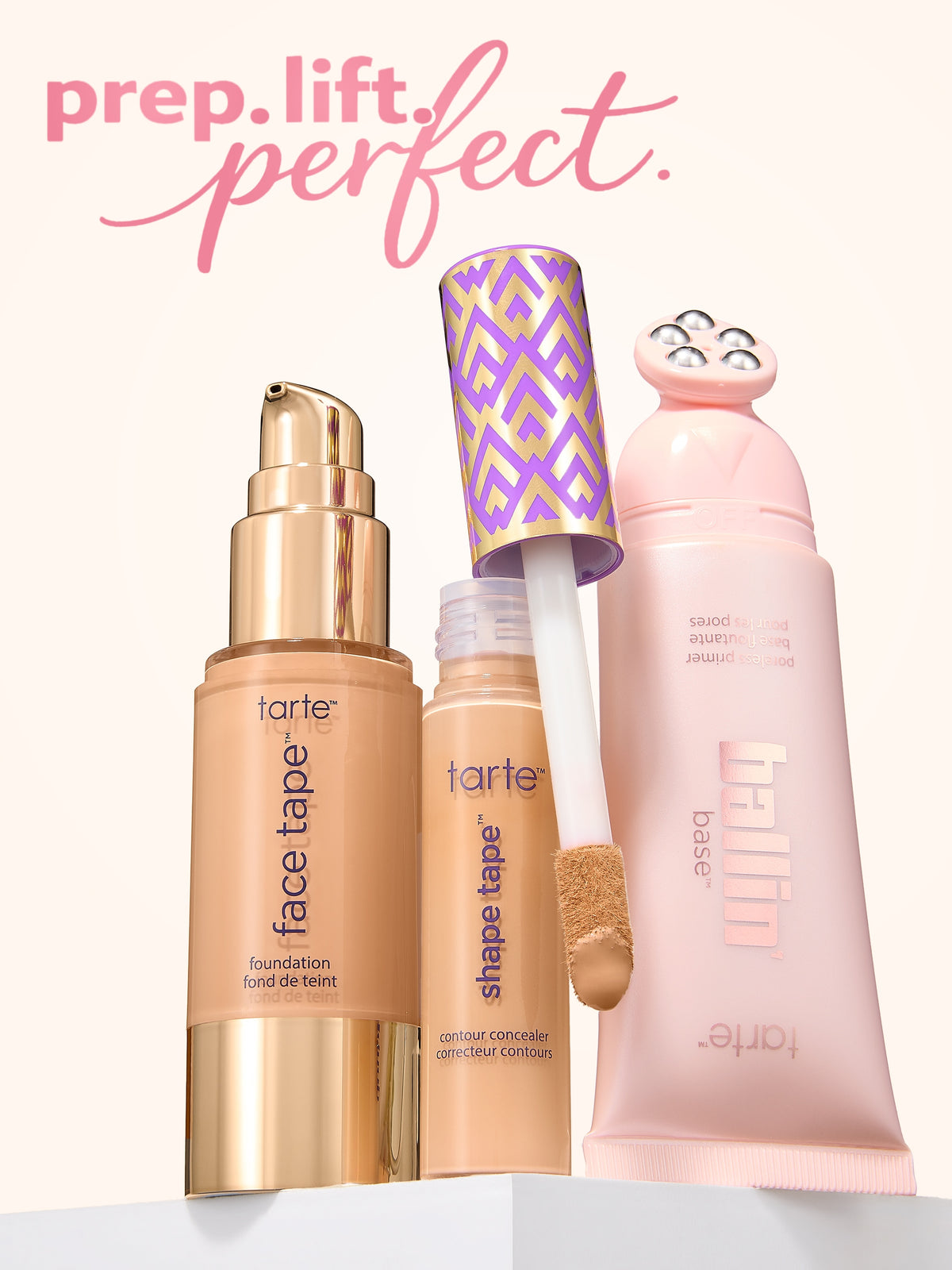 Three Tarte makeup products arranged on a light beige background with text 'prep. lift, perfect'