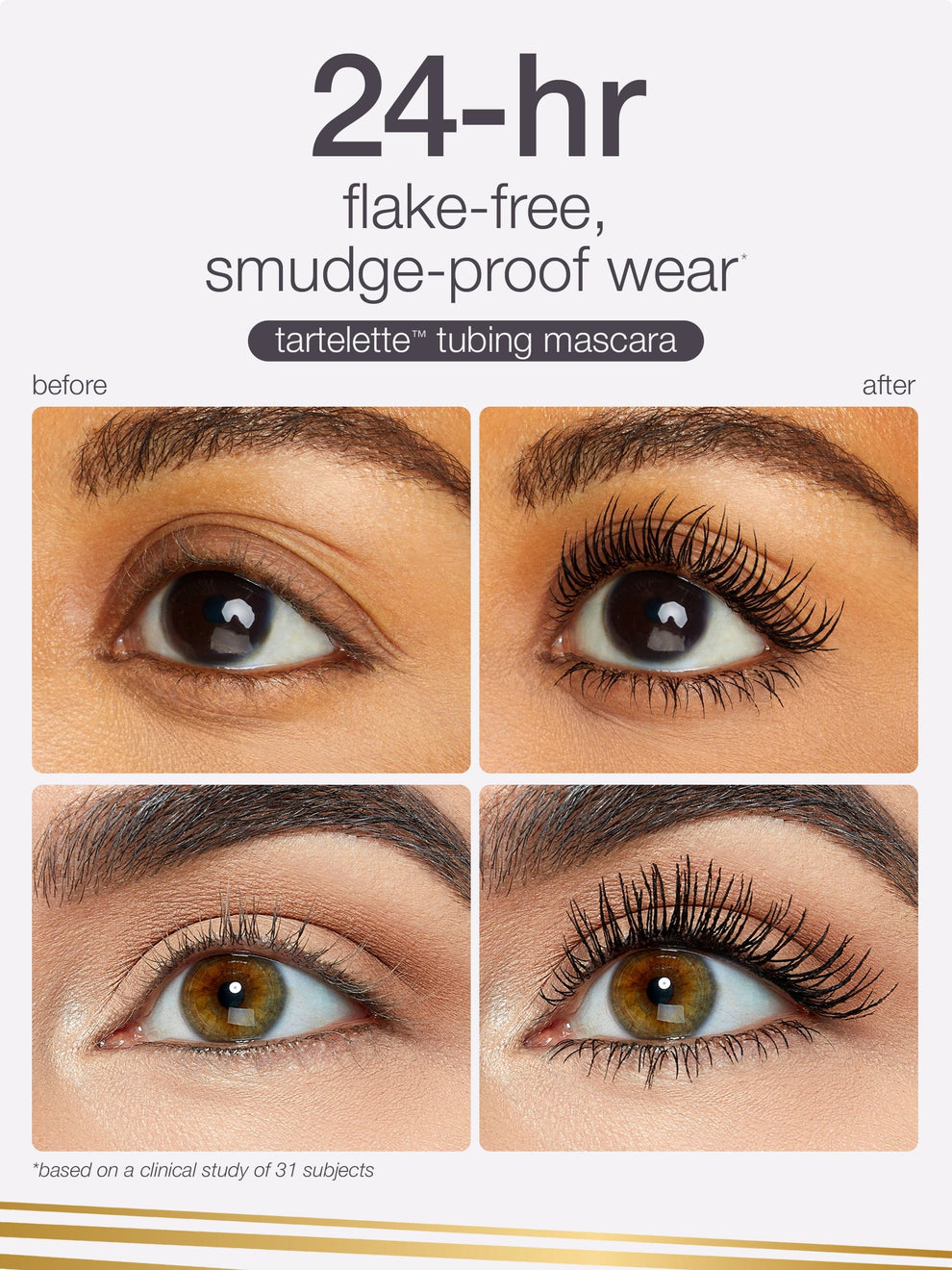 Before and after comparison of tartelette tubing mascara application on eyes.