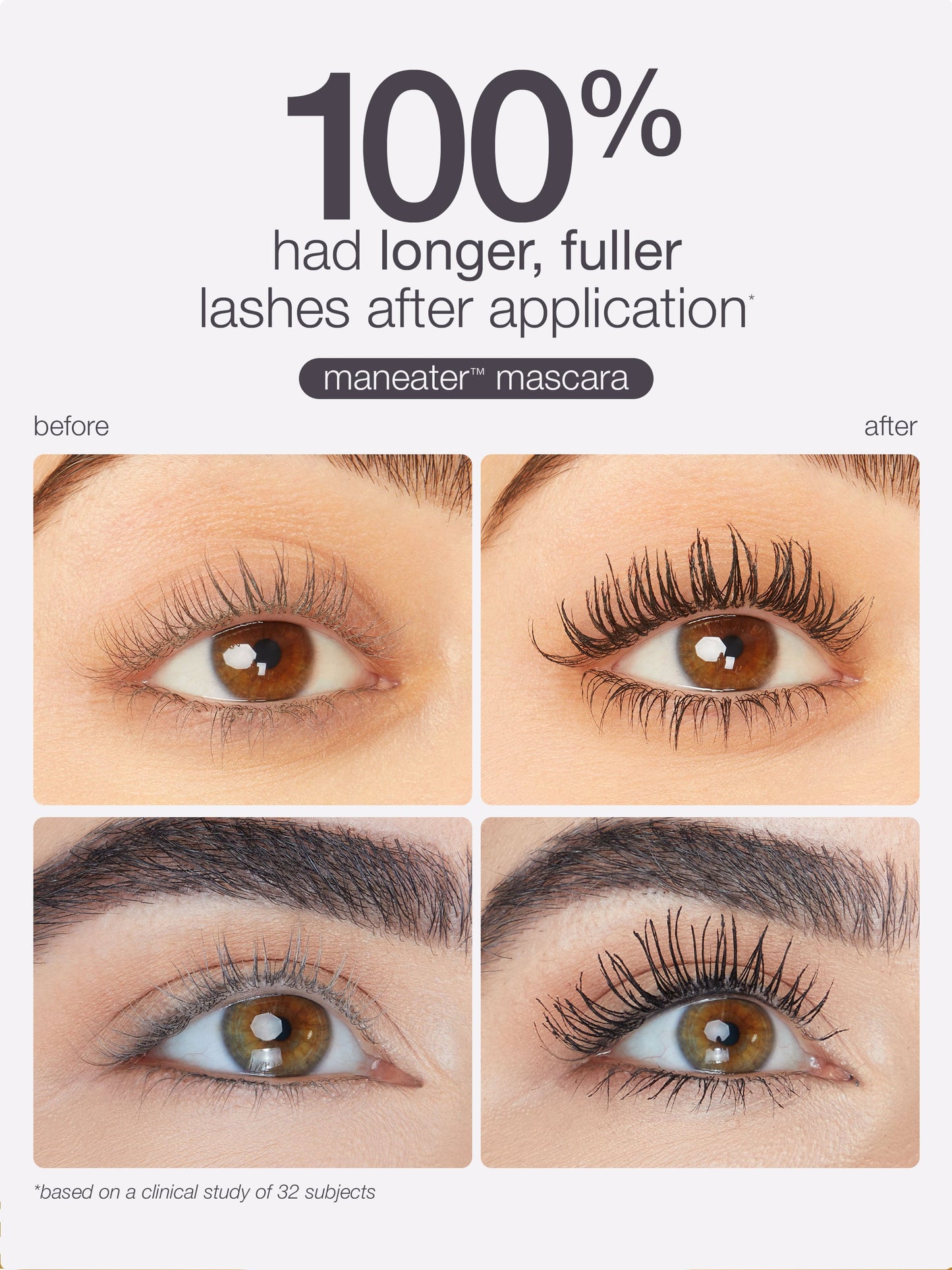 Before and after comparison of eyes with longer, fuller lashes after applying mascara.