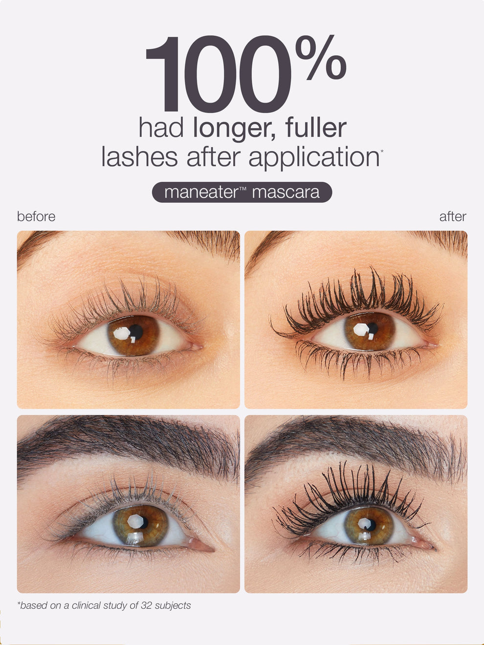 Before and after comparison of eyes with longer, fuller lashes after applying mascara.